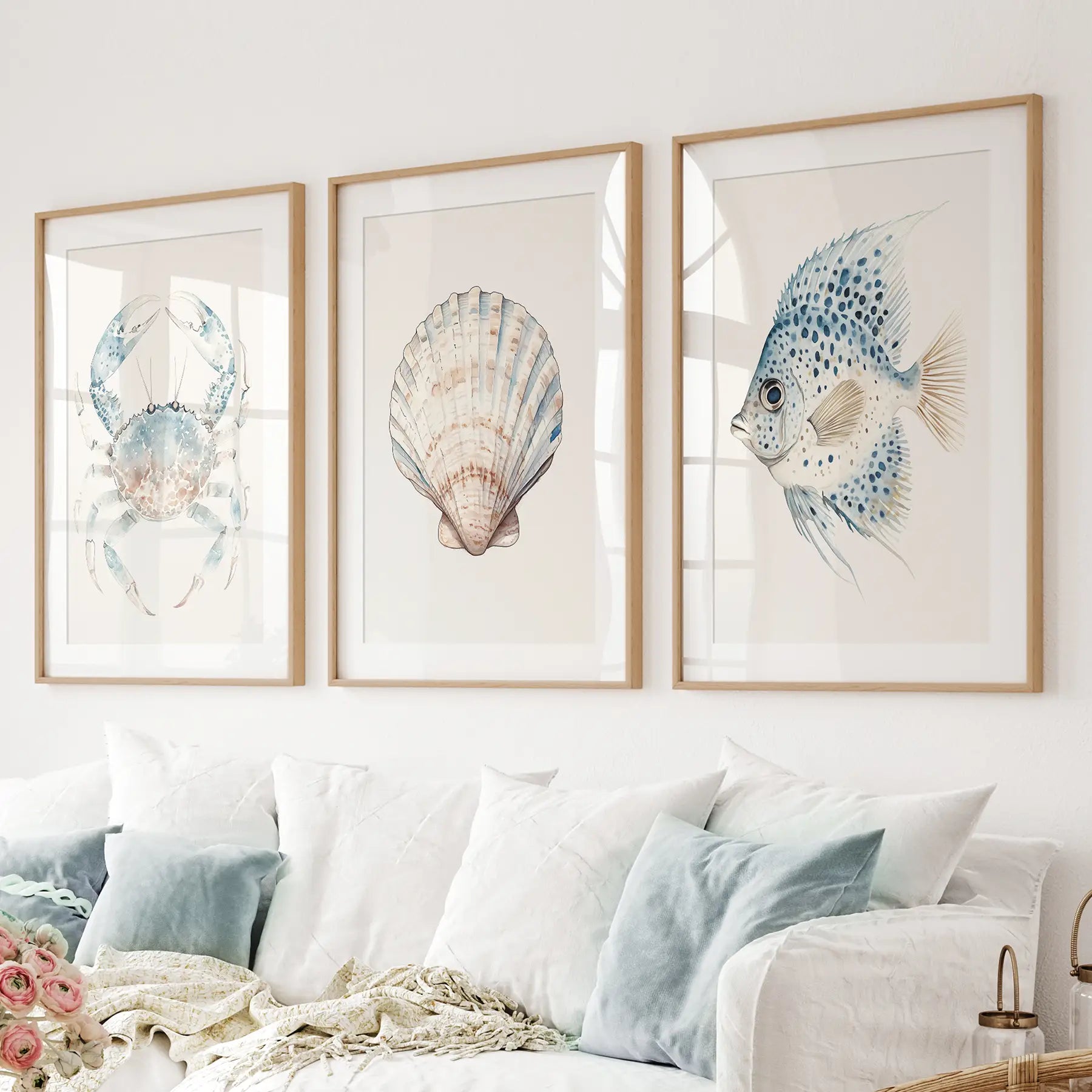 Watercolor Light Blue Nautical 3 Piece Art. Crab, Shell, Fish