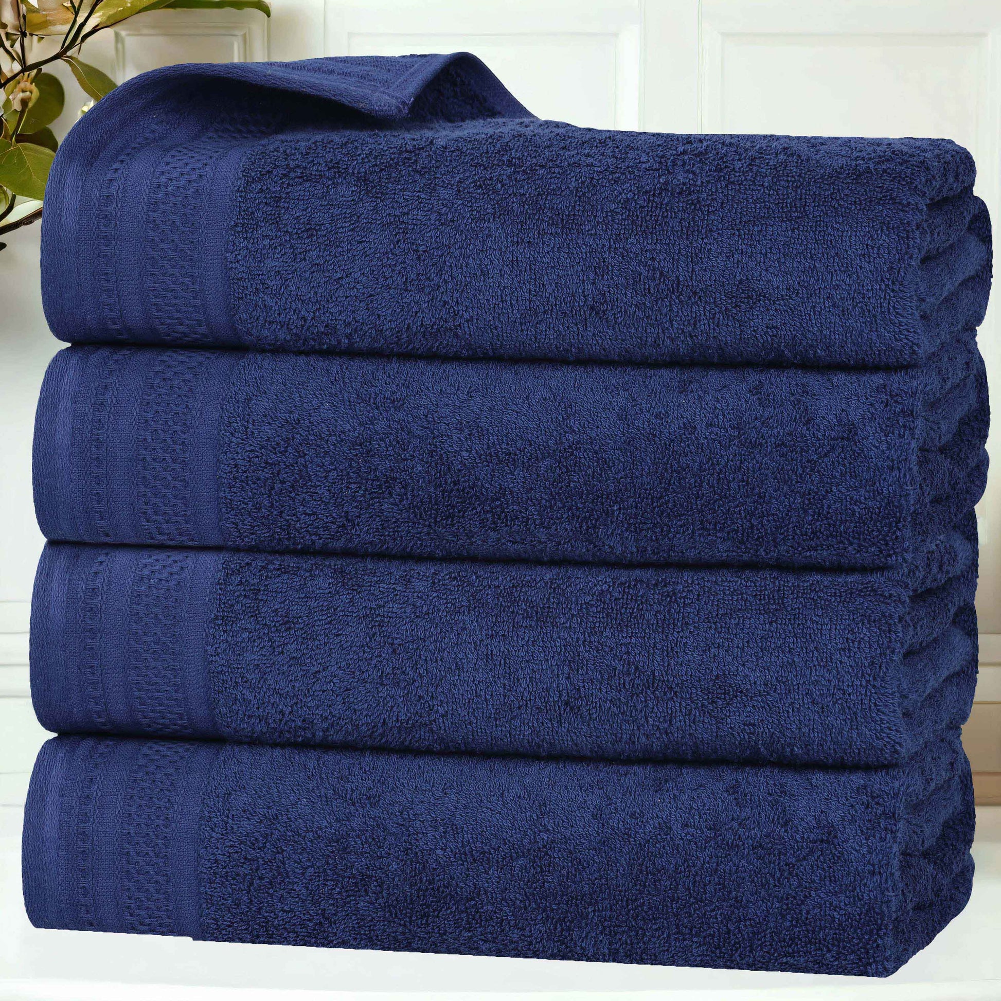 Honeycomb-Textured-Waffle-Border-Cotton-Bath-Towels,-Set-of-4-Bath-Towels-&-Washcloths