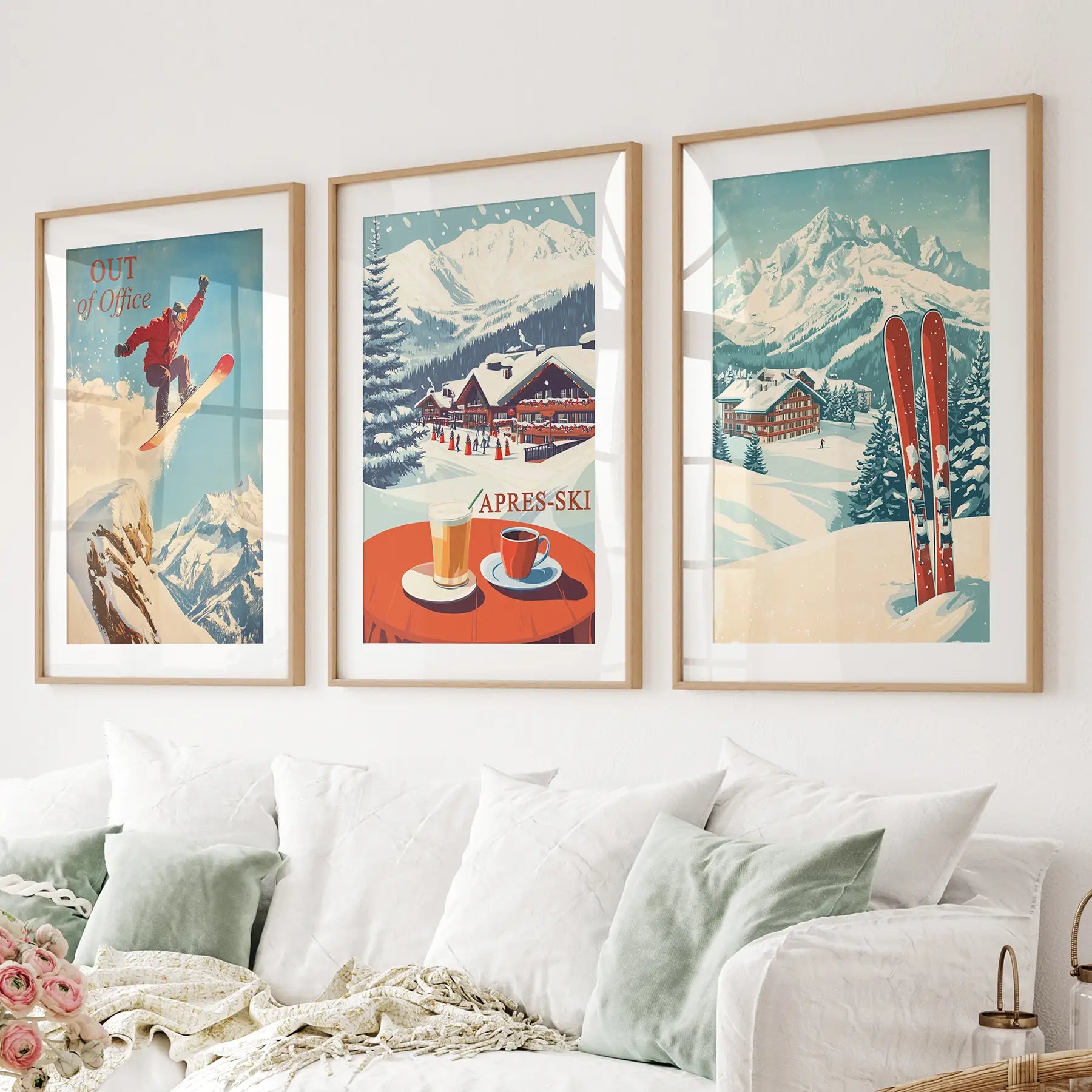 Ski Lodge Set of 3 Prints: Retro Snowboard, Après Ski Art