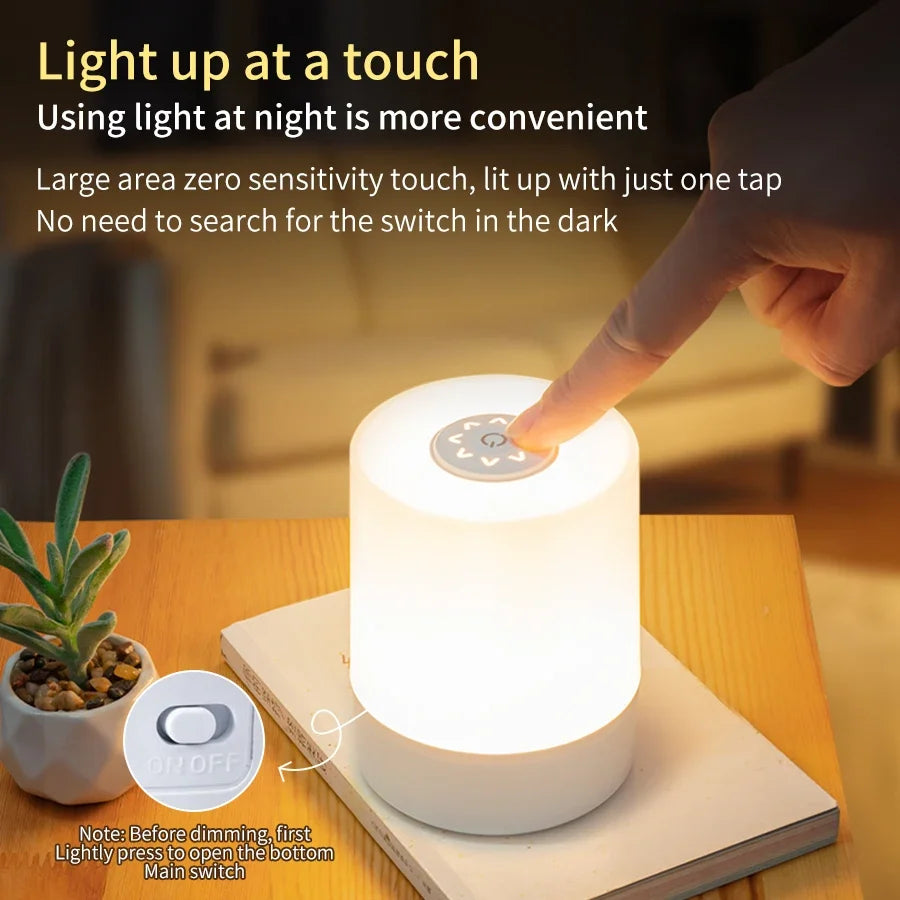 Dimmable LED Bedside Lamp – Touch Control Rechargeable Night Light for Bedroom Use