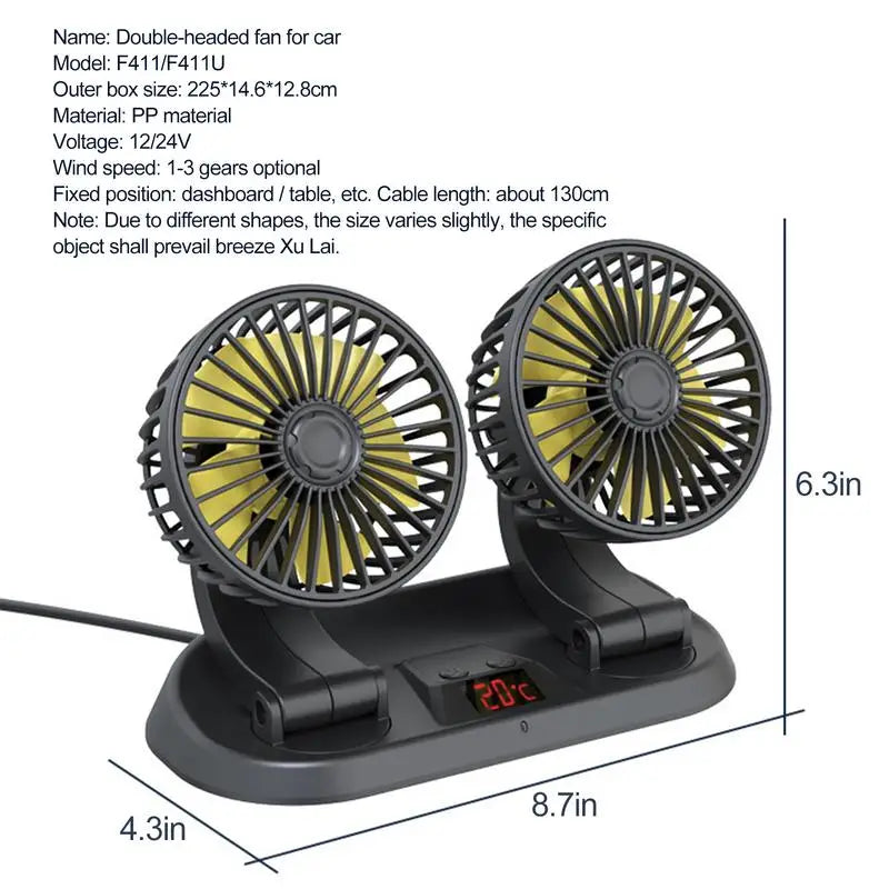 Dual Head Car Cooling Fan 12V/24V 3-Speed with Remote