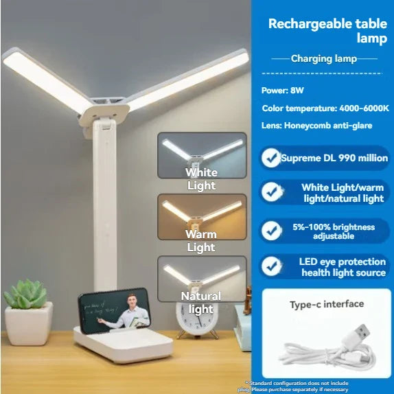 Dual Head LED Desk Lamp USB Rechargeable Foldable Dimmable Reading Light Study
