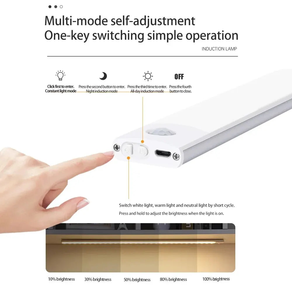 USB Rechargeable LED Cabinet Light Motion Sensor Kitchen Wardrobe Lamp 20–60cm