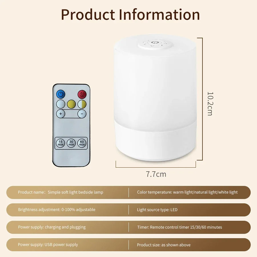 Dimmable LED Bedside Lamp – Touch Control Rechargeable Night Light for Bedroom Use
