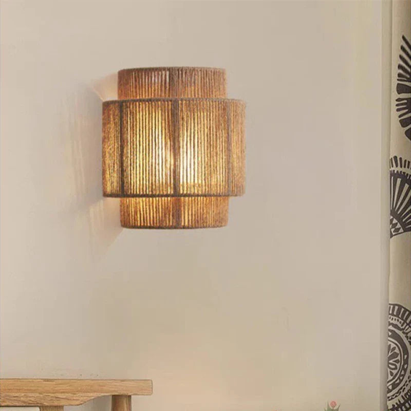 Vintage Rattan Wall Light E27 Handwoven Rope Sconce for Bedside Living Room