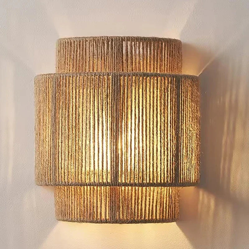 Vintage Rattan Wall Light E27 Handwoven Rope Sconce for Bedside Living Room