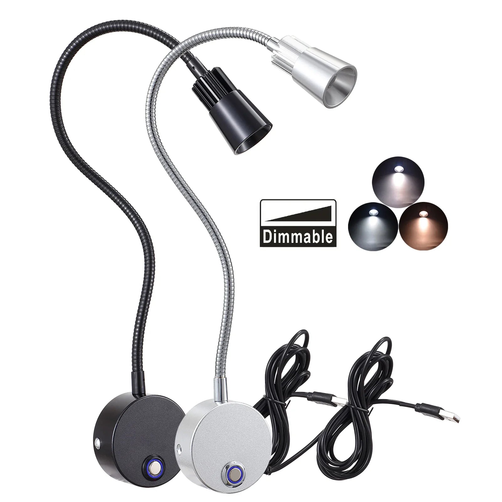 USB Wall Reading Lamp Dimmable Gooseneck Bedside Light 3CCT CRI98