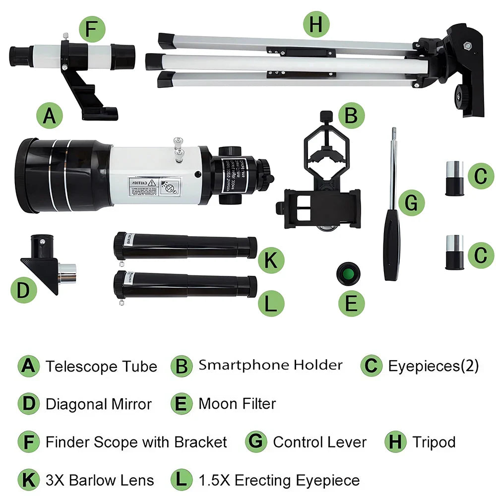 150X Astronomical Telescope 70mm Aperture Portable Refractor with Phone Adapter