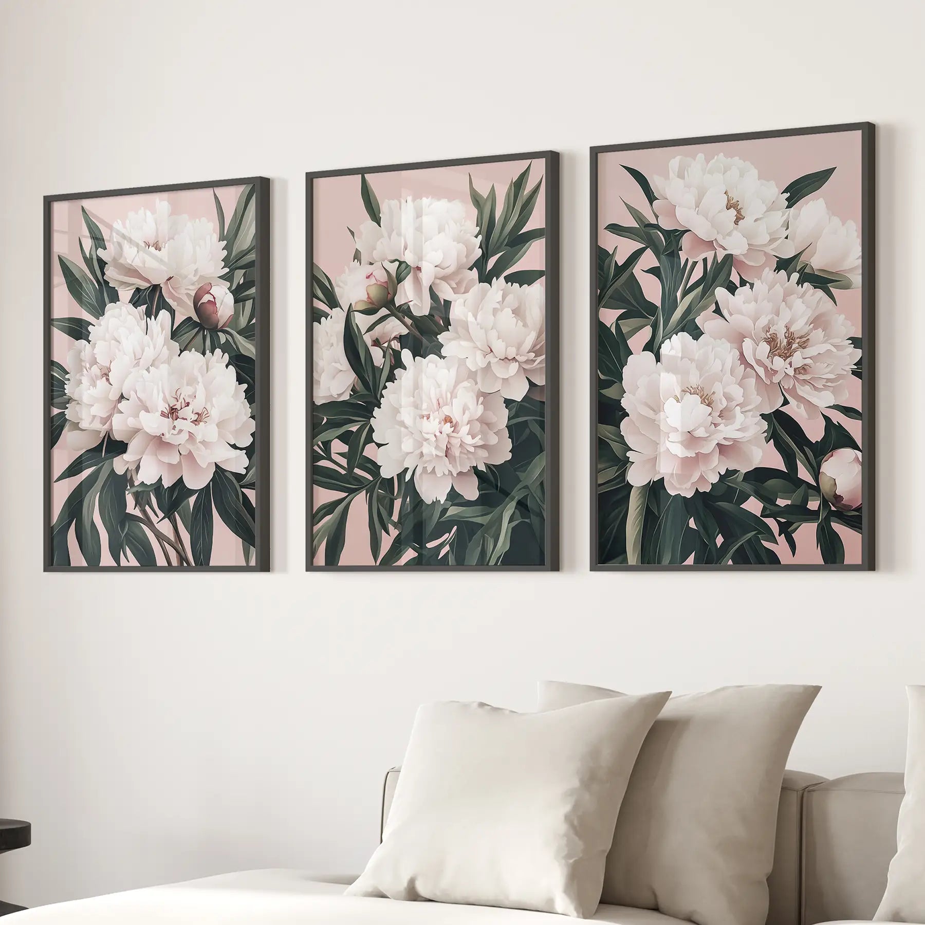Peonies Flowers Wall Art Set of 3. Pink and Green Decor