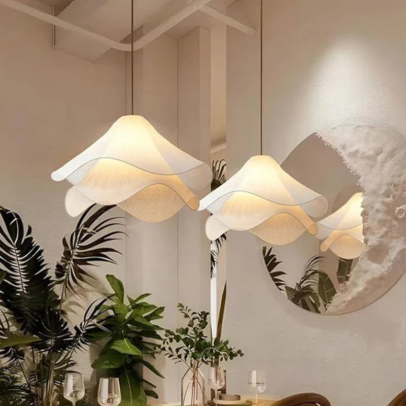 Nordic LED Pendant Lamp White Fabric Flower Chandelier Living Room Bedroom Decor