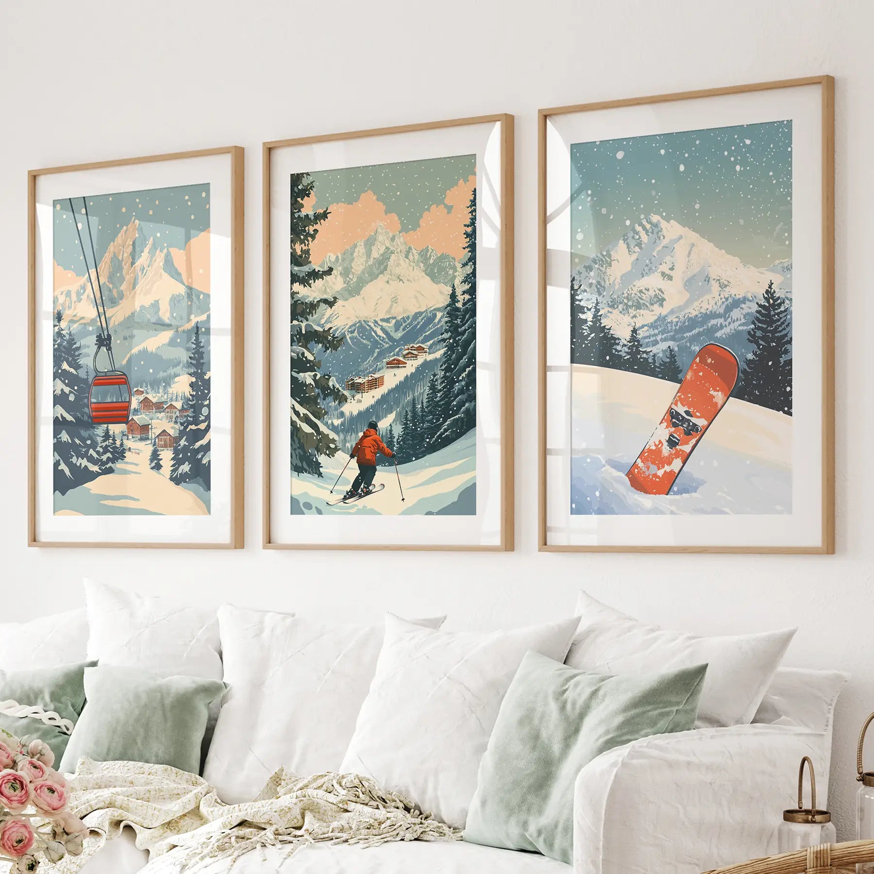 Vintage Ski Poster Set of 3. Snowboard, Skier & Ski Lift Wall Art