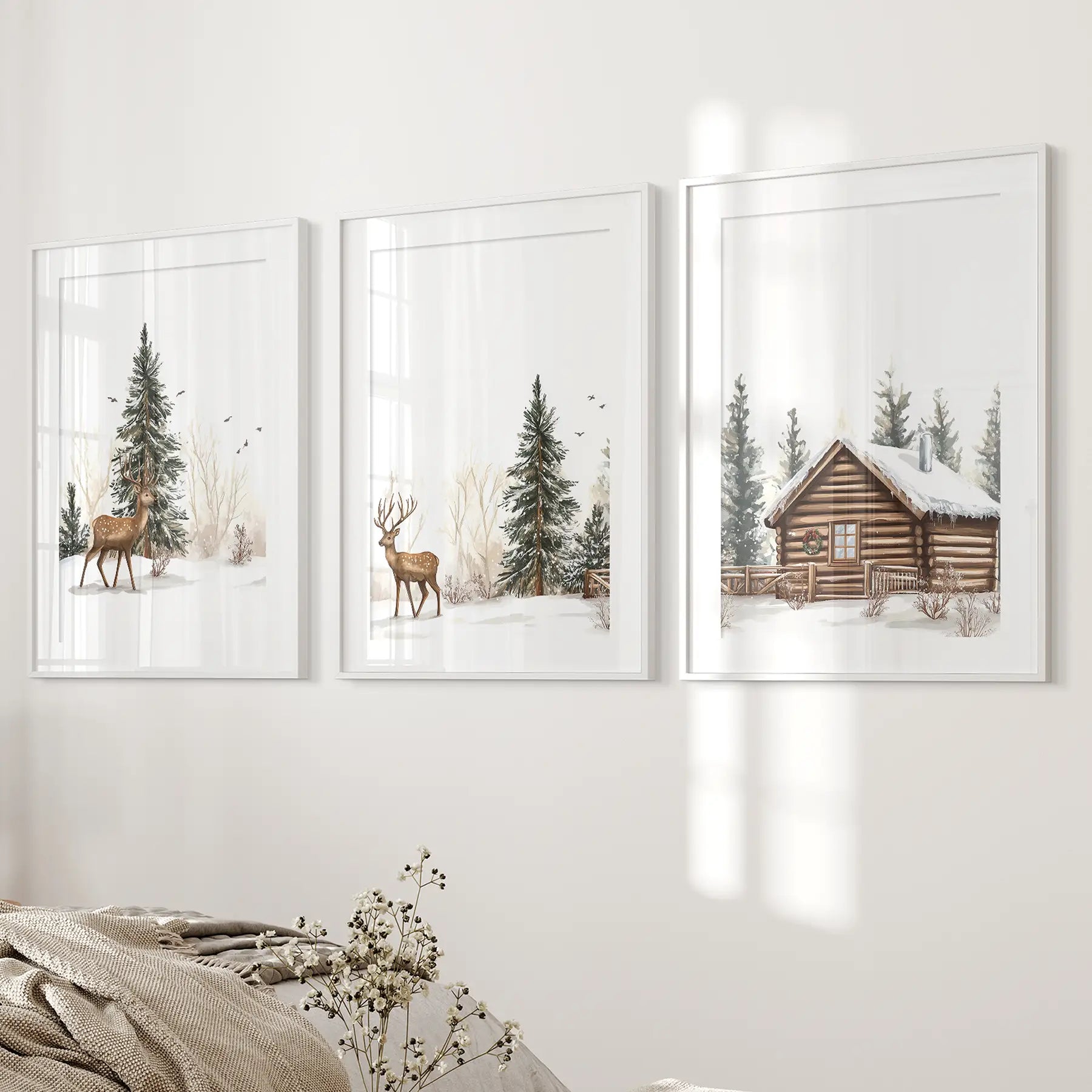 Deer and Cabin Winter 3 Piece Wall Art. Rustic Nordic Prints