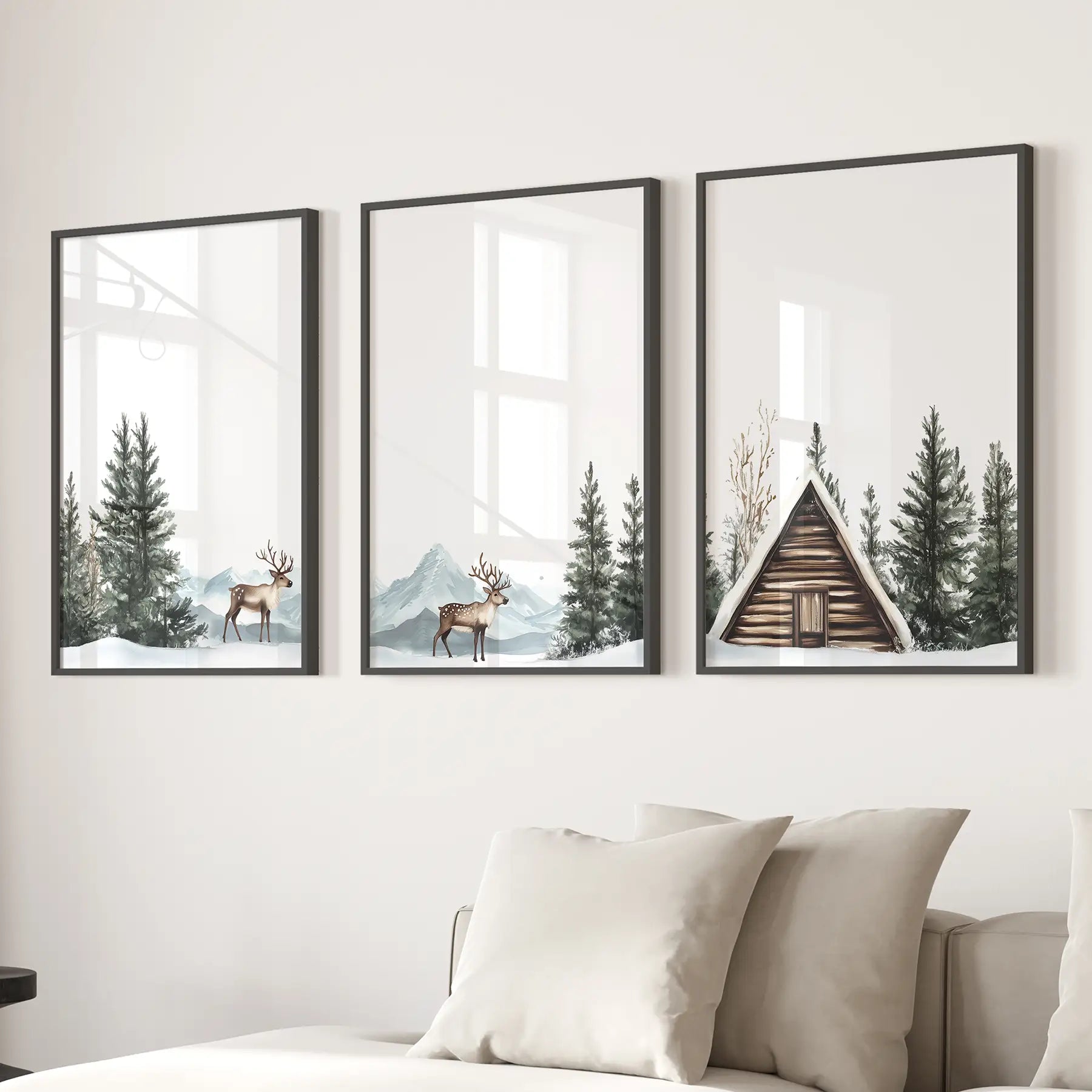 Rustic Cabin, Snowy Forest Prints. 3 Piece Winter Wall Art