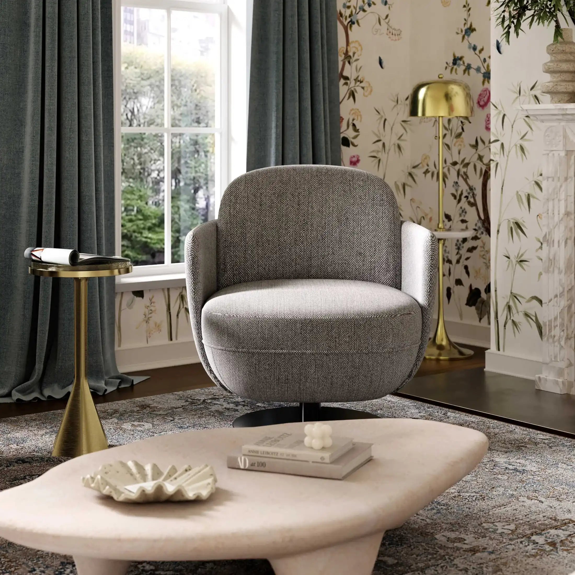 Solange Grey Textured Weave Swivel Chair