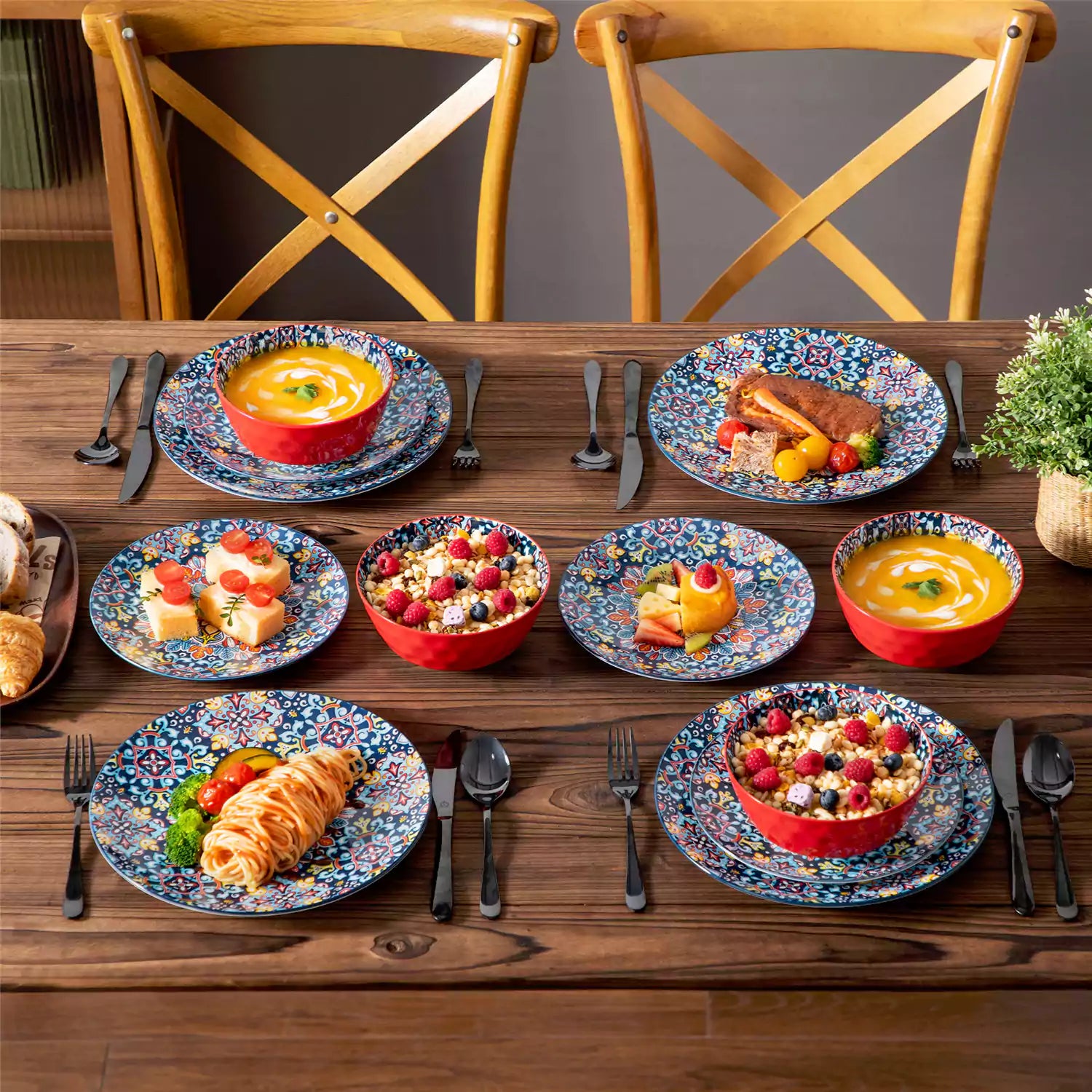 Simi 12 Piece Dinnerware Set with Front-Only Pattern Service for 4