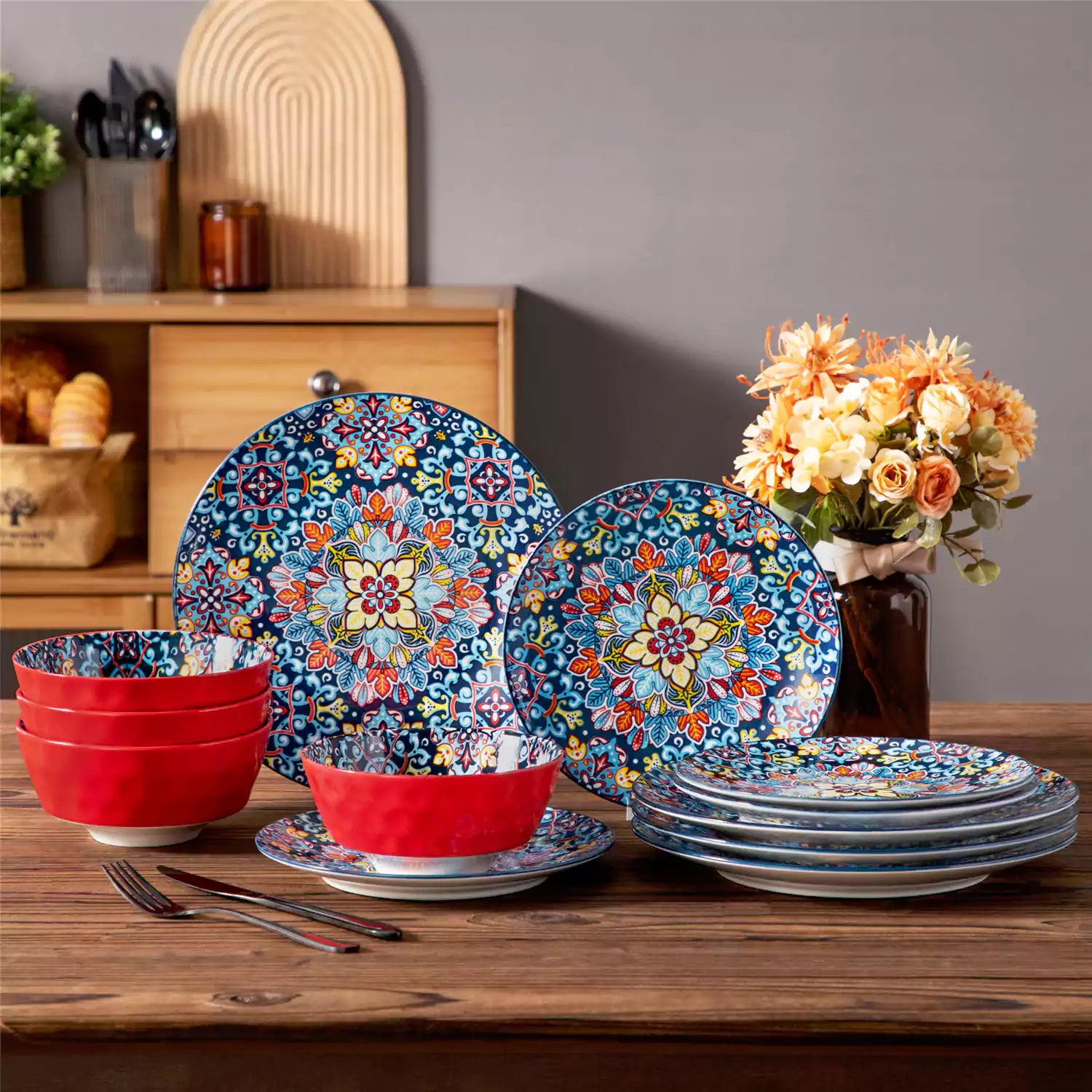 Simi 12 Piece Dinnerware Set with Front-Only Pattern Service for 4