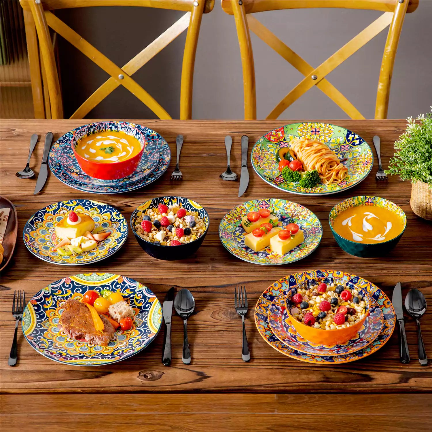 Simi 12 Piece Dinnerware Set with Front-Only Pattern Service for 4