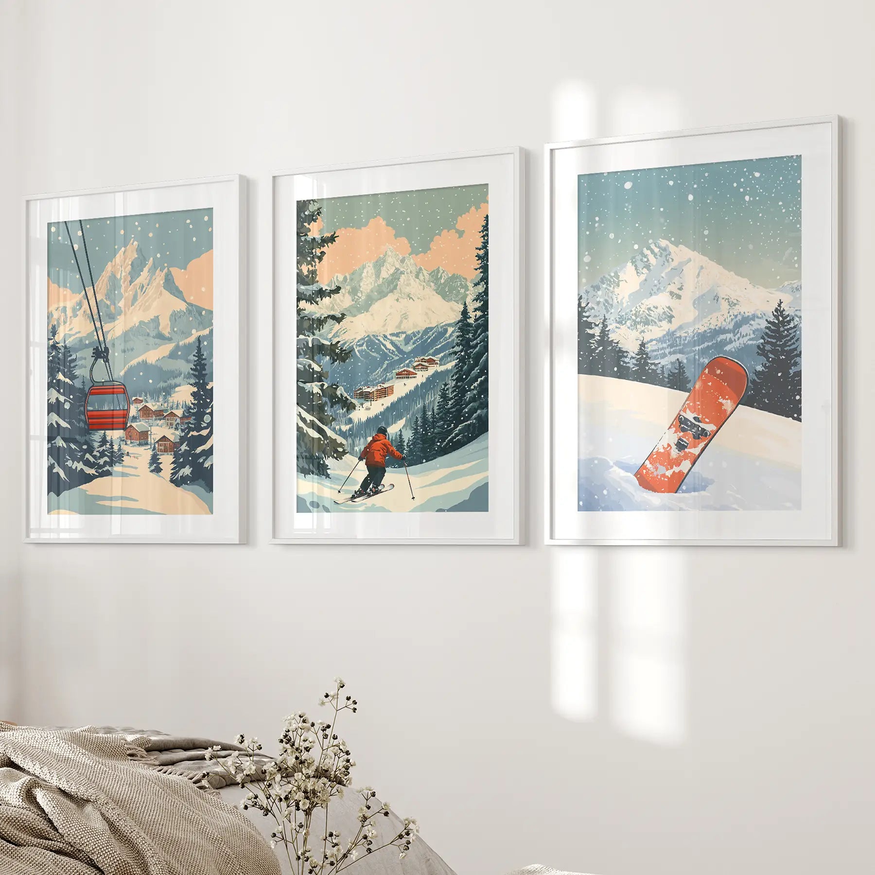 Vintage Ski Poster Set of 3. Snowboard, Skier & Ski Lift Wall Art
