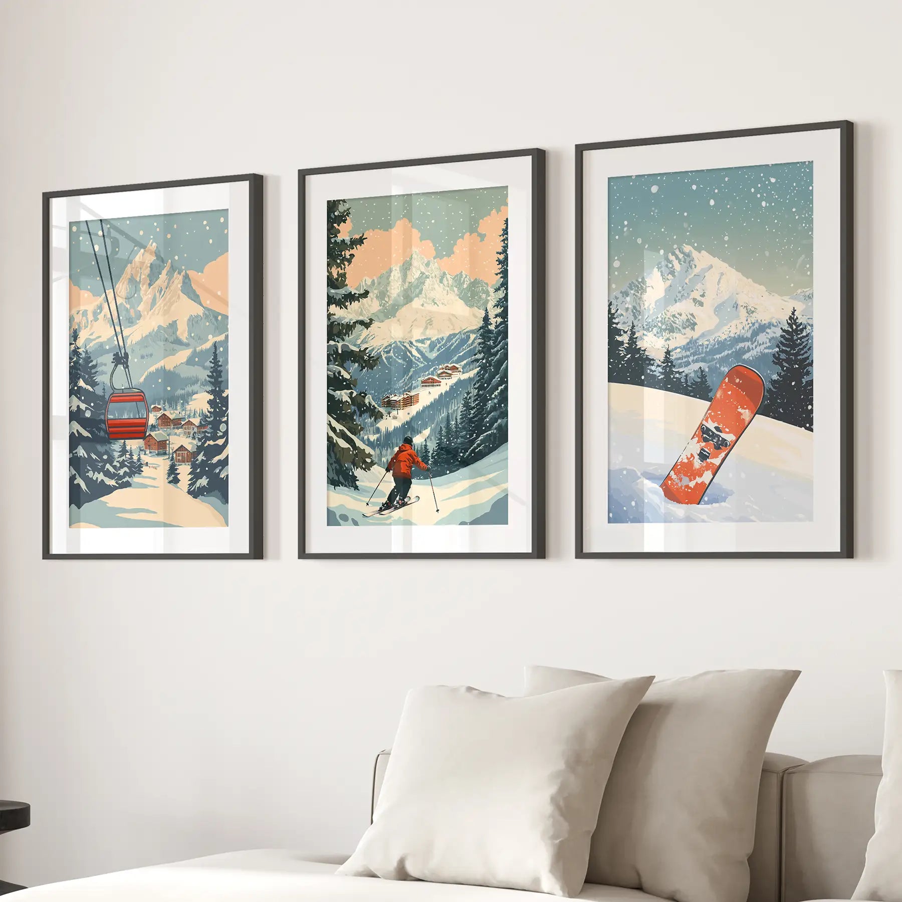 Vintage Ski Poster Set of 3. Snowboard, Skier & Ski Lift Wall Art