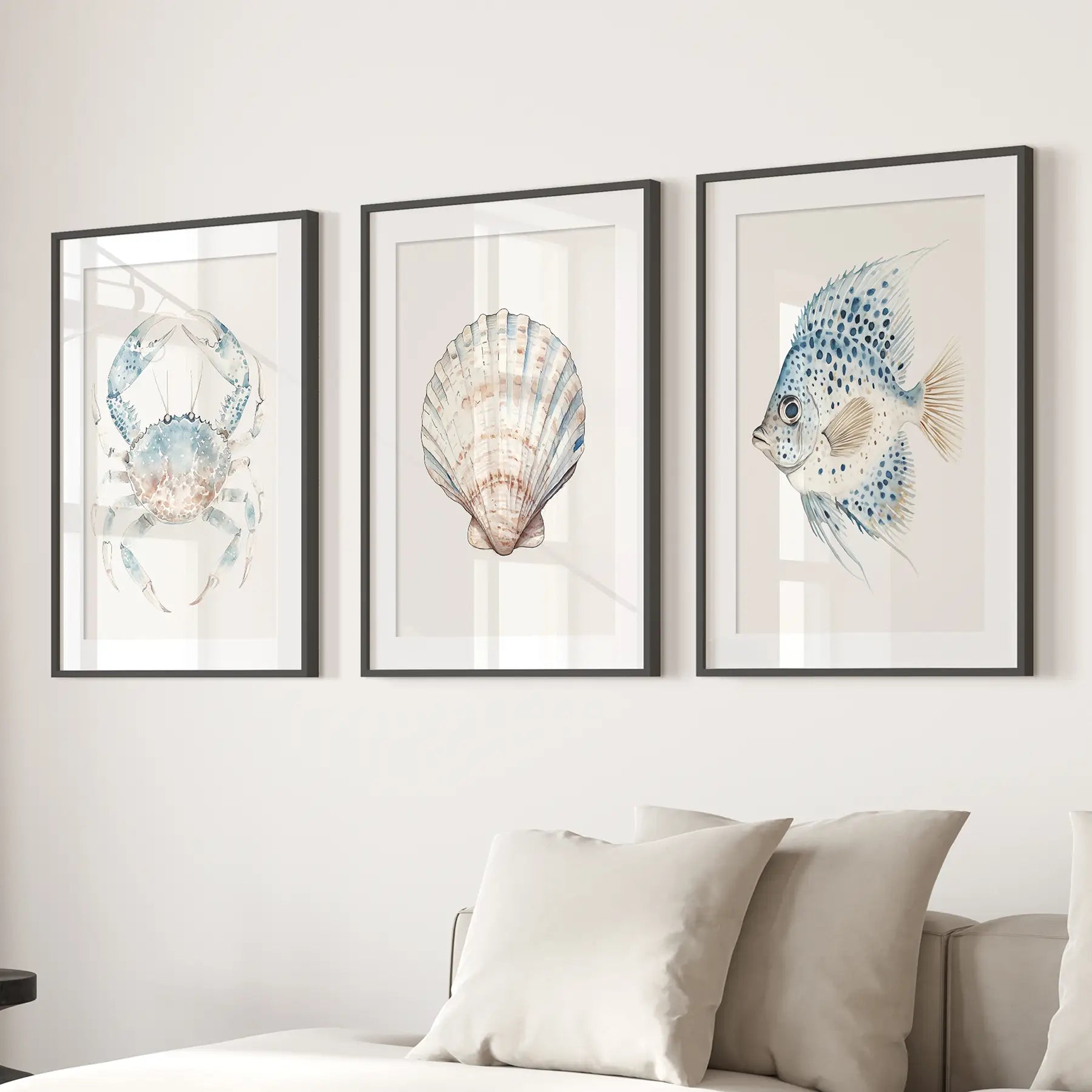 Watercolor Light Blue Nautical 3 Piece Art. Crab, Shell, Fish