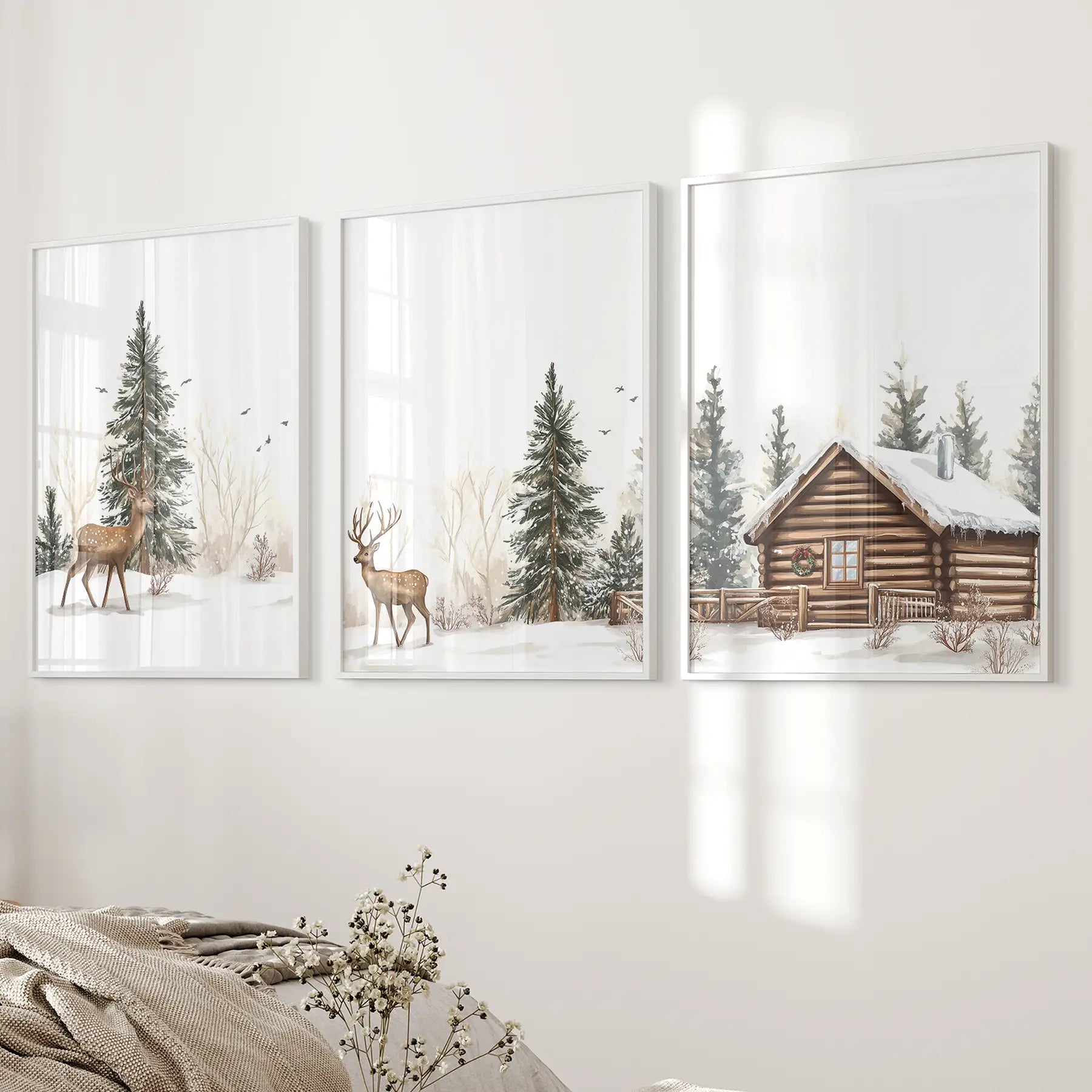 Deer and Cabin Winter 3 Piece Wall Art. Rustic Nordic Prints