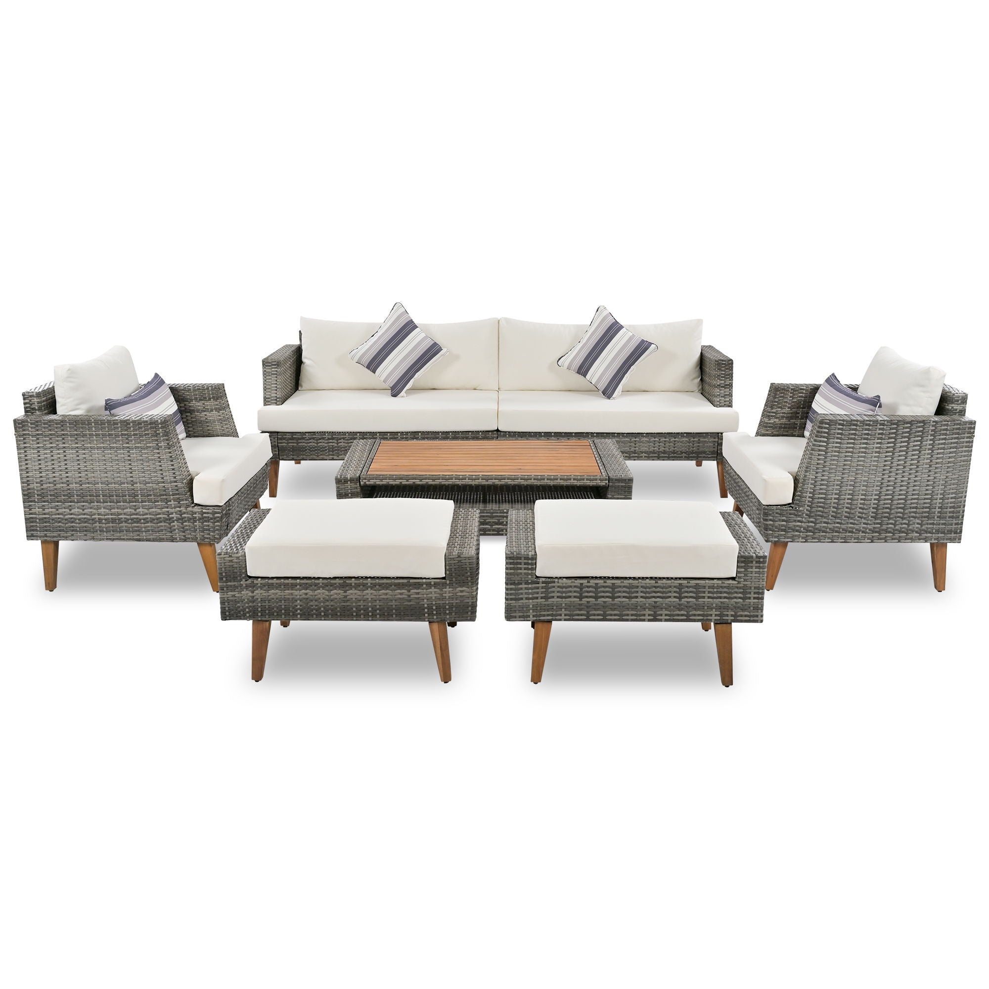 6 Pieces All Weather Sofa Set, Outdoor Rattan Sofa With Double Cushions