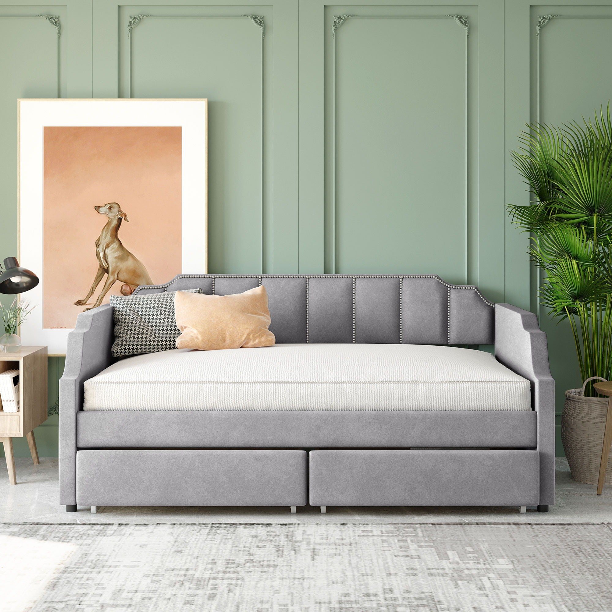 Upholstered Daybed With Drawers, Slat Support