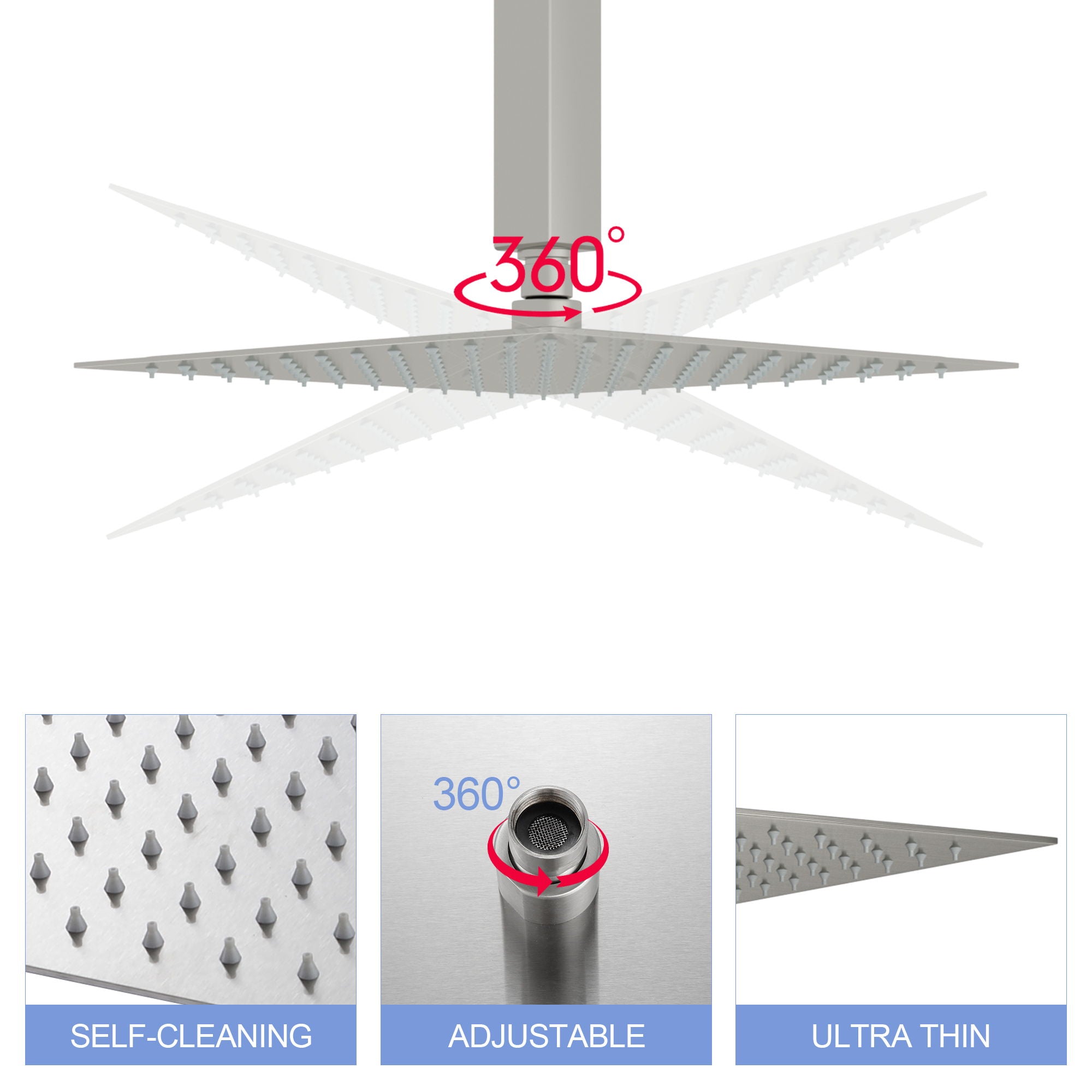 Modern 10" Square Rainfall Shower Head & Stainless Steel Wall Or Ceiling Mount Luxury Spa Shower Panel