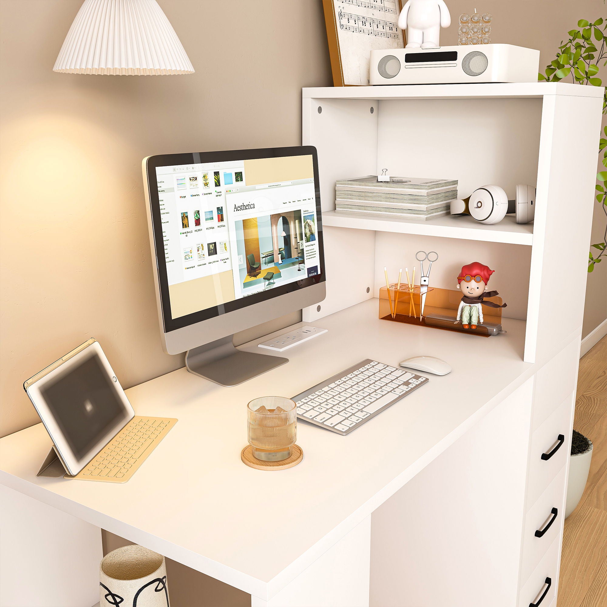 Modern Computer Desk With Built In Socket 3 Slide Drawers 4 Storage Levels - White