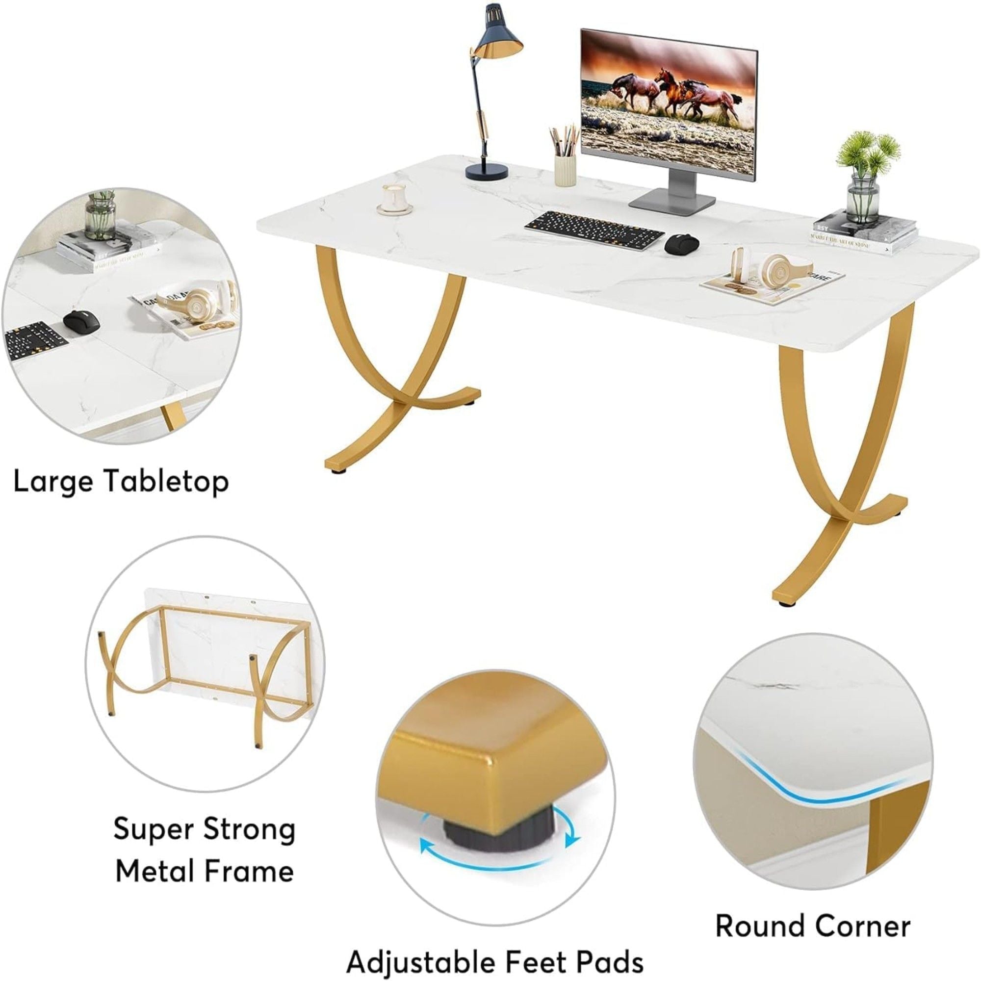 Executive Office Computer Desk For Home Office - White / Gold