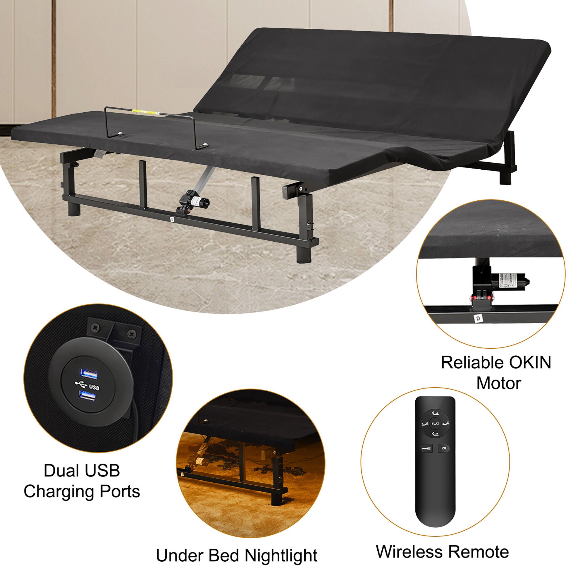 Adjustable Bed Base Frame With Head And Foot Incline Quiet Motor Zero Gravity