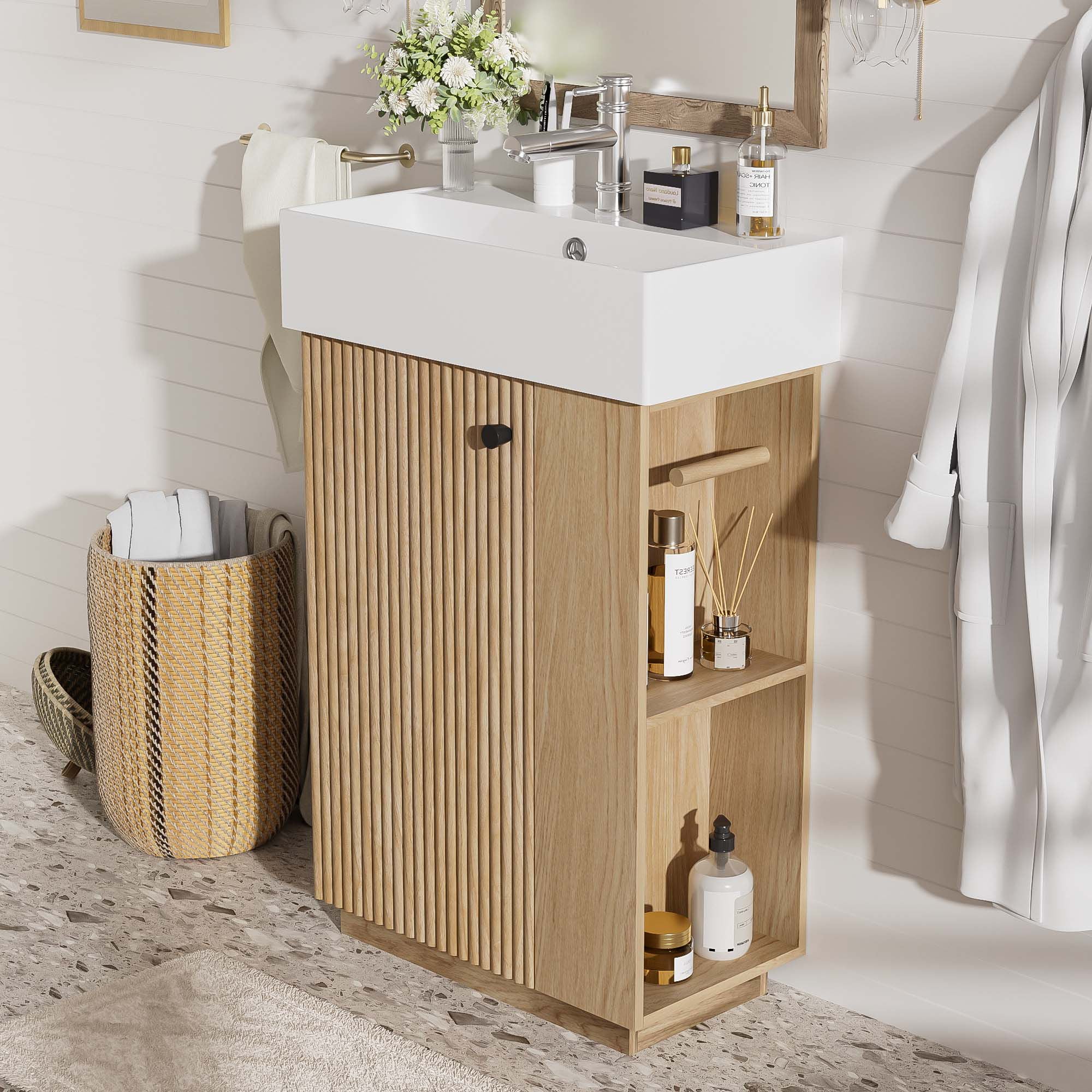 21.6" Bathroom Vanity With Sink And Freestanding Wood Grain Cabinet Featuring Left Door - Wood