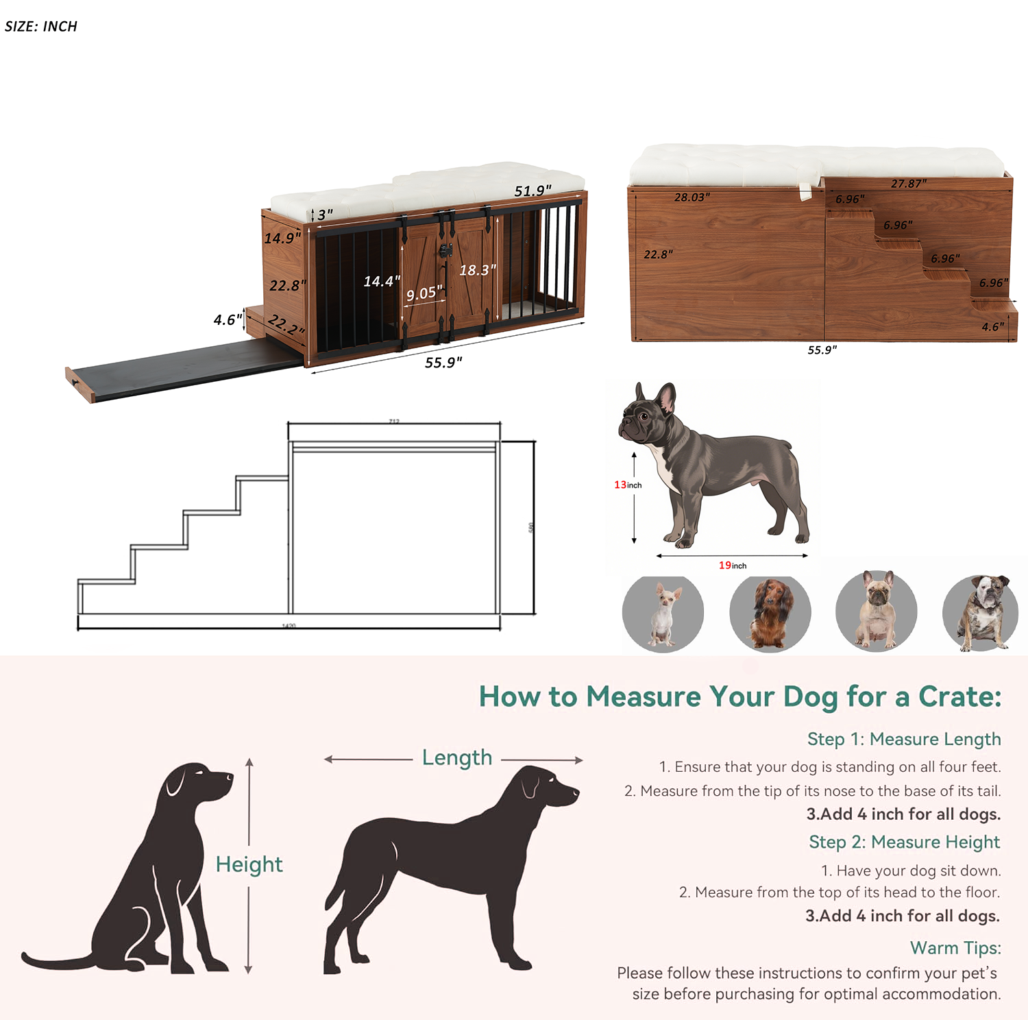 2 in 1 Dog Crate with Padded Seat Walnut 56'L Furniture Style