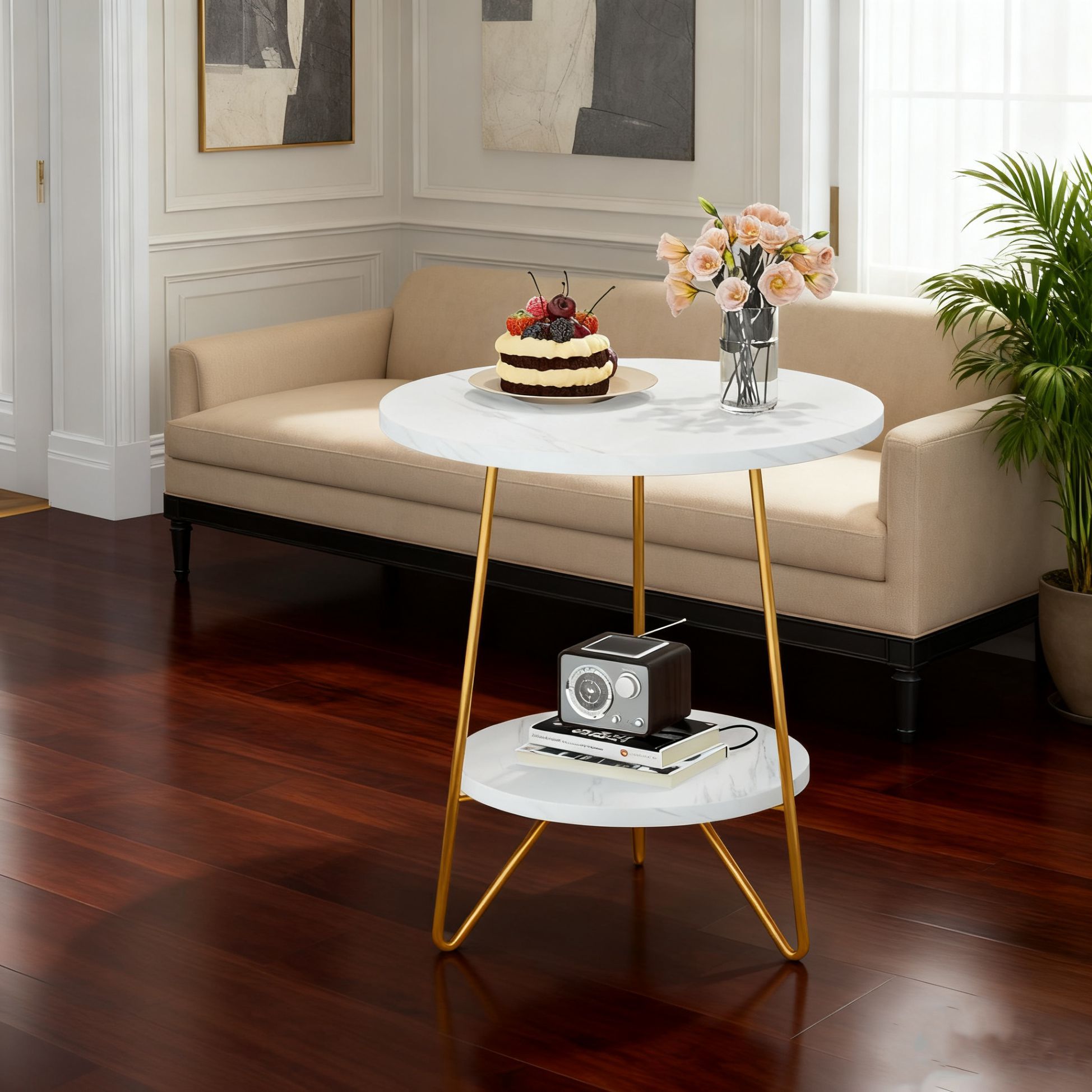 Round End Table With Hairpin Legs, 2 Tier For Living Room - White / Gold