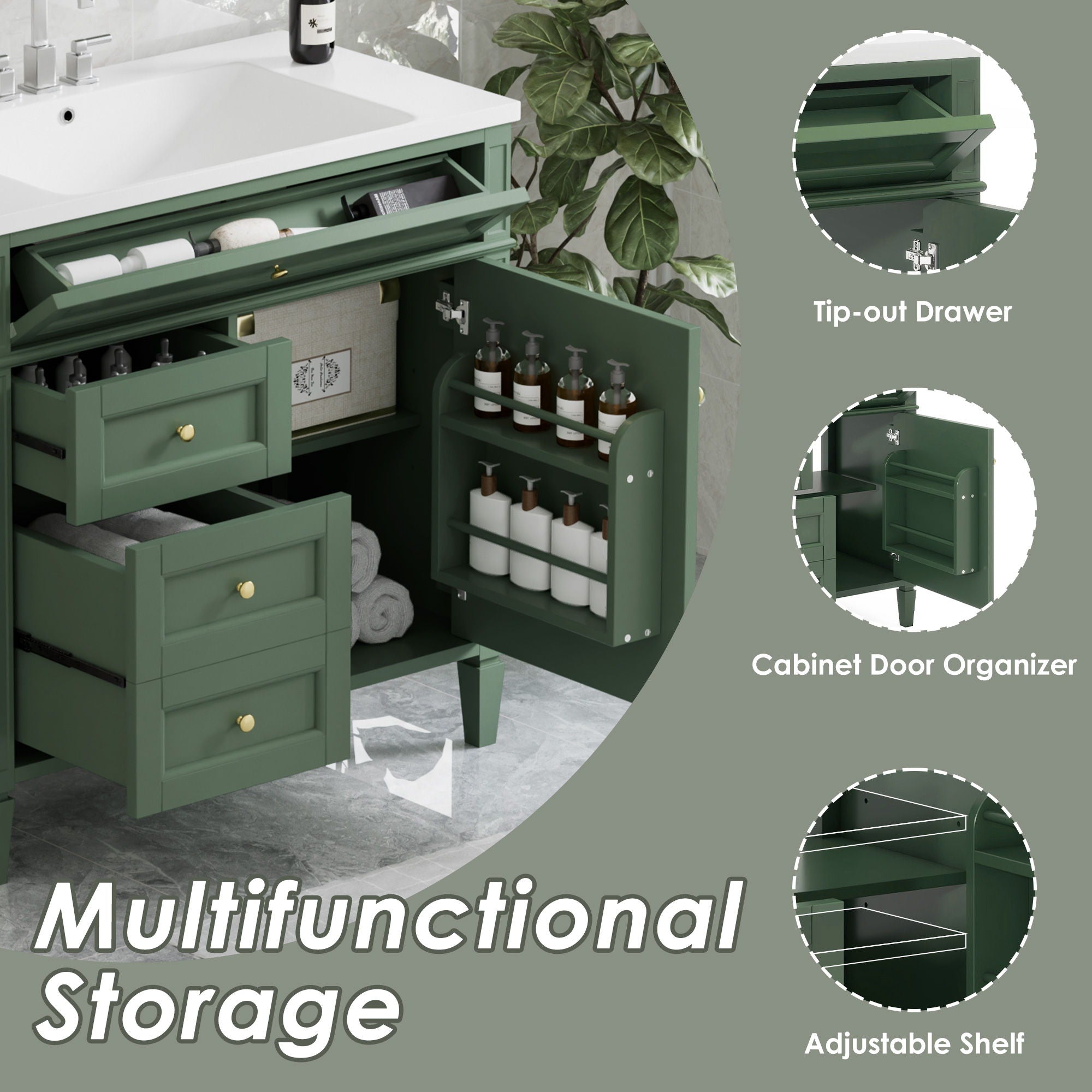 Bathroom Vanity With Top Sink, 2 Drawers And Tip Out Drawer, Rectangular Design