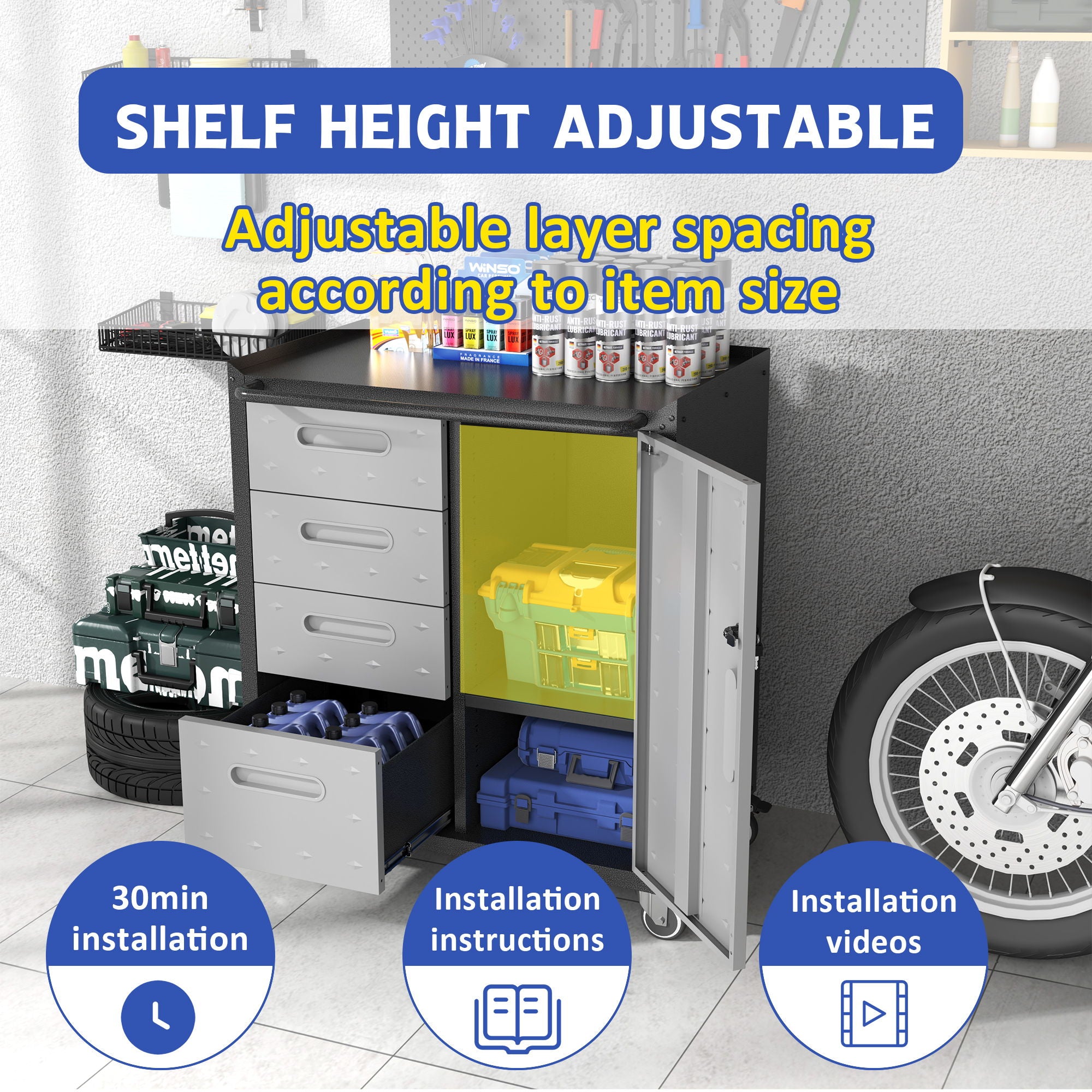 Sturdy Metal Tool Storage Cabinet With Wheels Durable Garage, Office & Home Organizer Steel