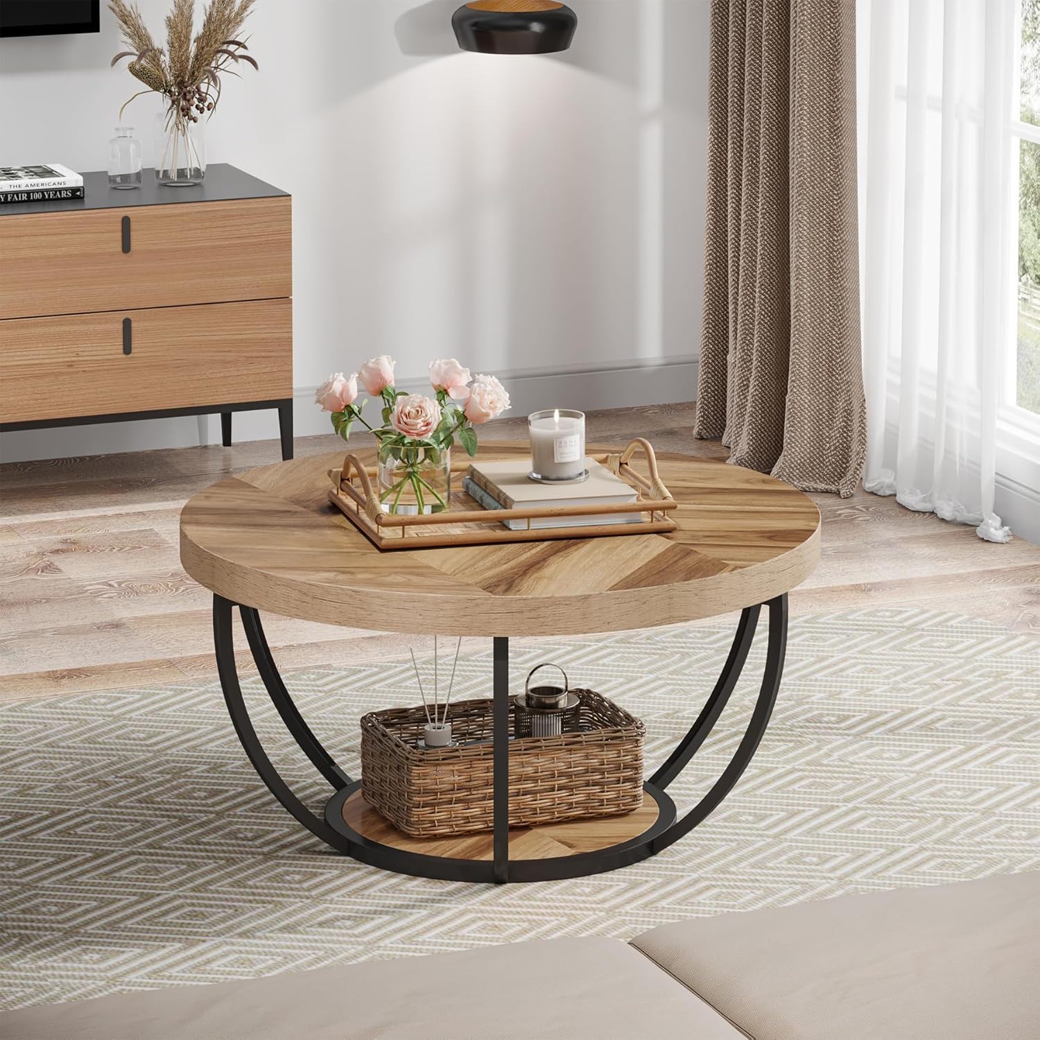 2 Tier Circle Coffee Table With Storage Shelves