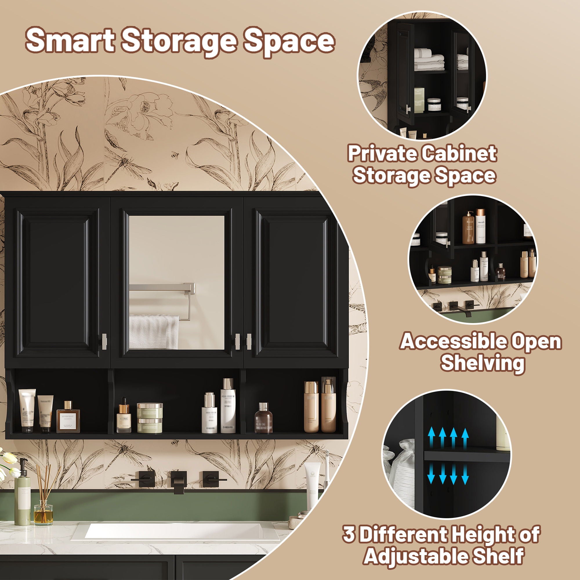 Modern Wall Mounted Mirror Medicine Cabinet With Open Shelves, Adjustable Interior, Storage Over Toilet