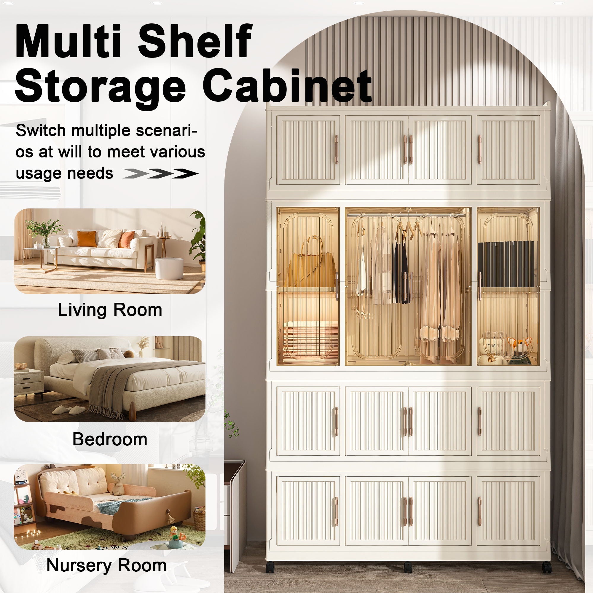 Portable Wardrobe Closet Storage Organizer With 17 Magnetic Doors, 17 Cubes, Hanging Rod & 6 Hangers - Creamy White