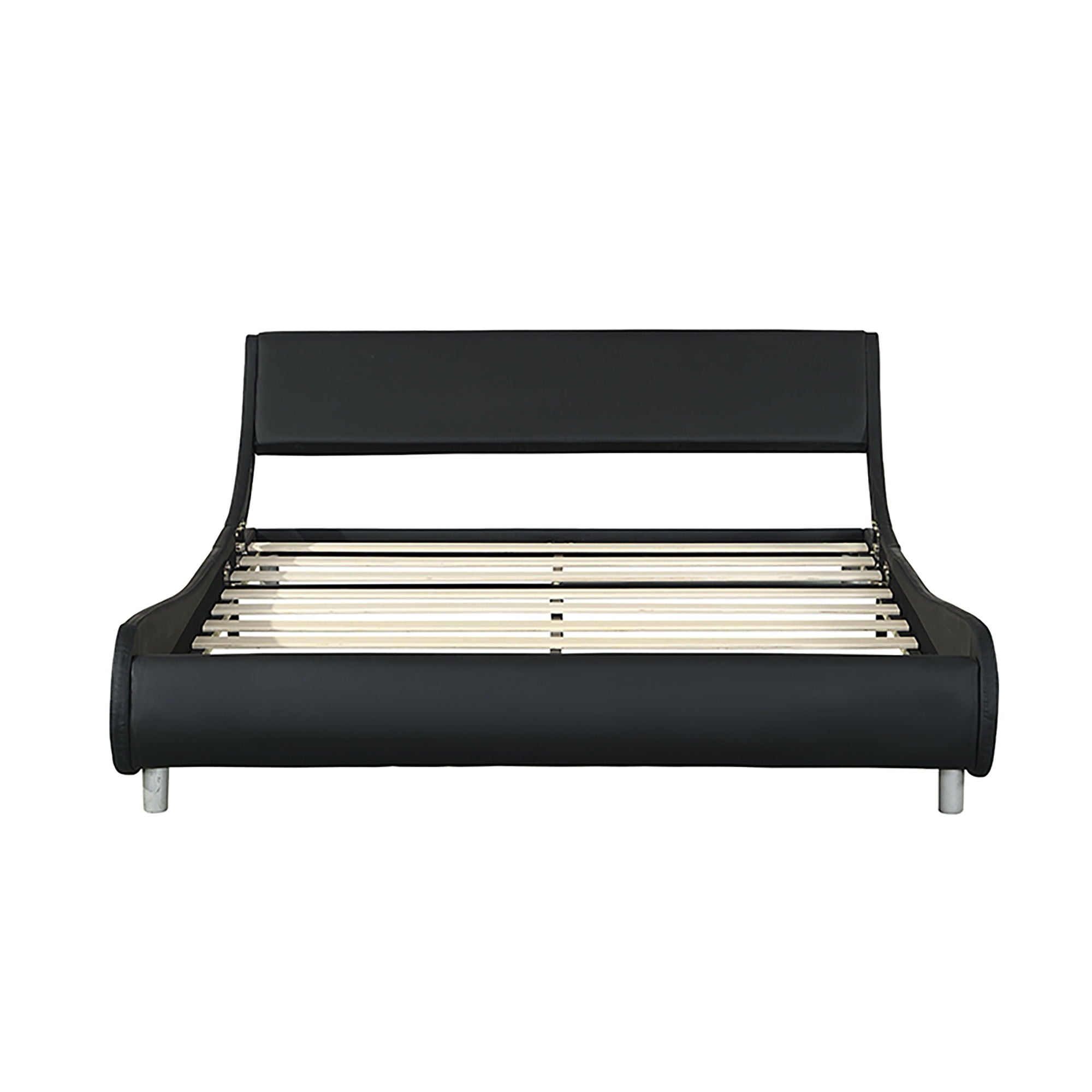 Queen Size Upholstered Platform Bed Frame With LED Lighting, Curve Design, Slat Support, No Box Spring Needed - Black