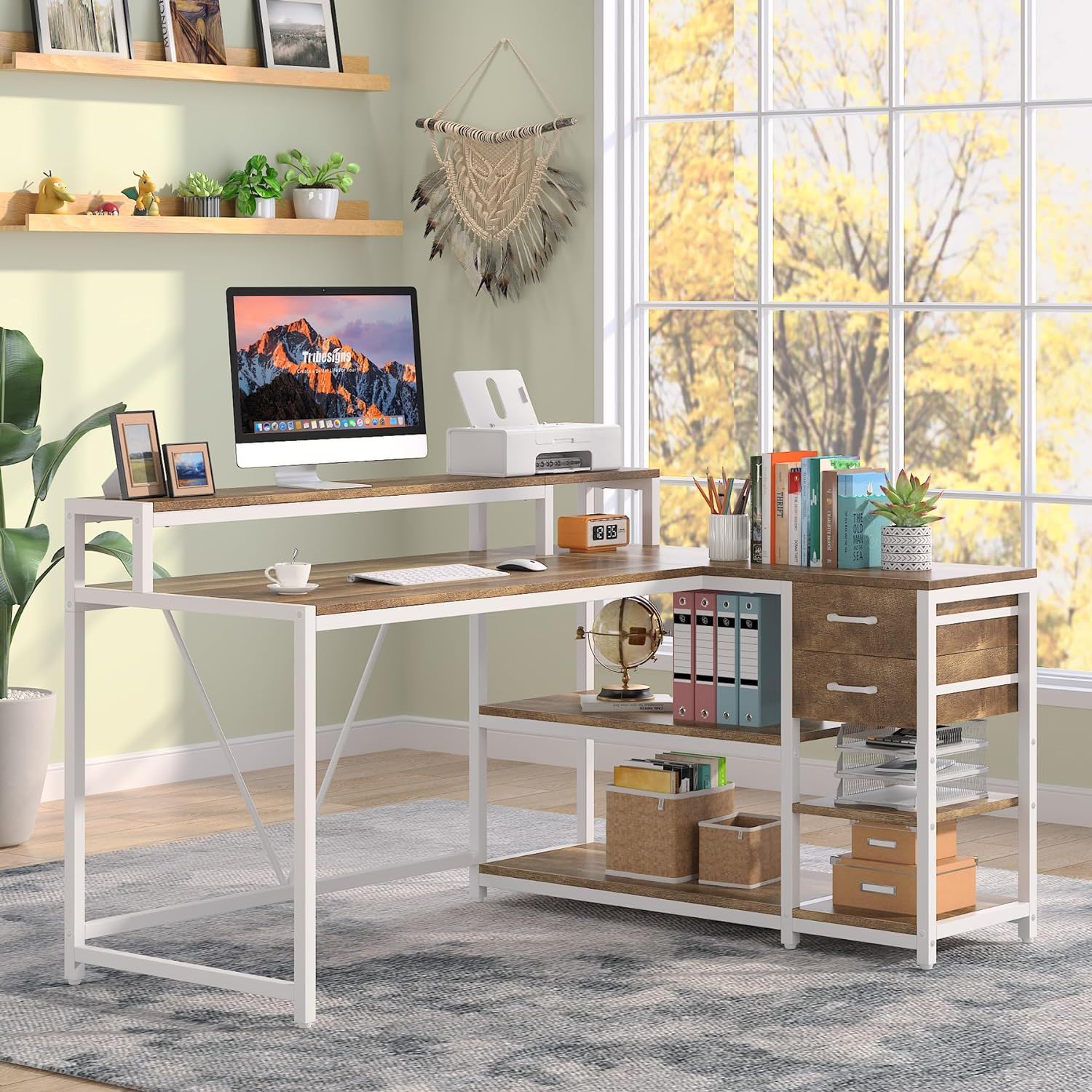 L-Shaped Home Office Desk With Monitor Riser, Drawers, And Storage Shelves
