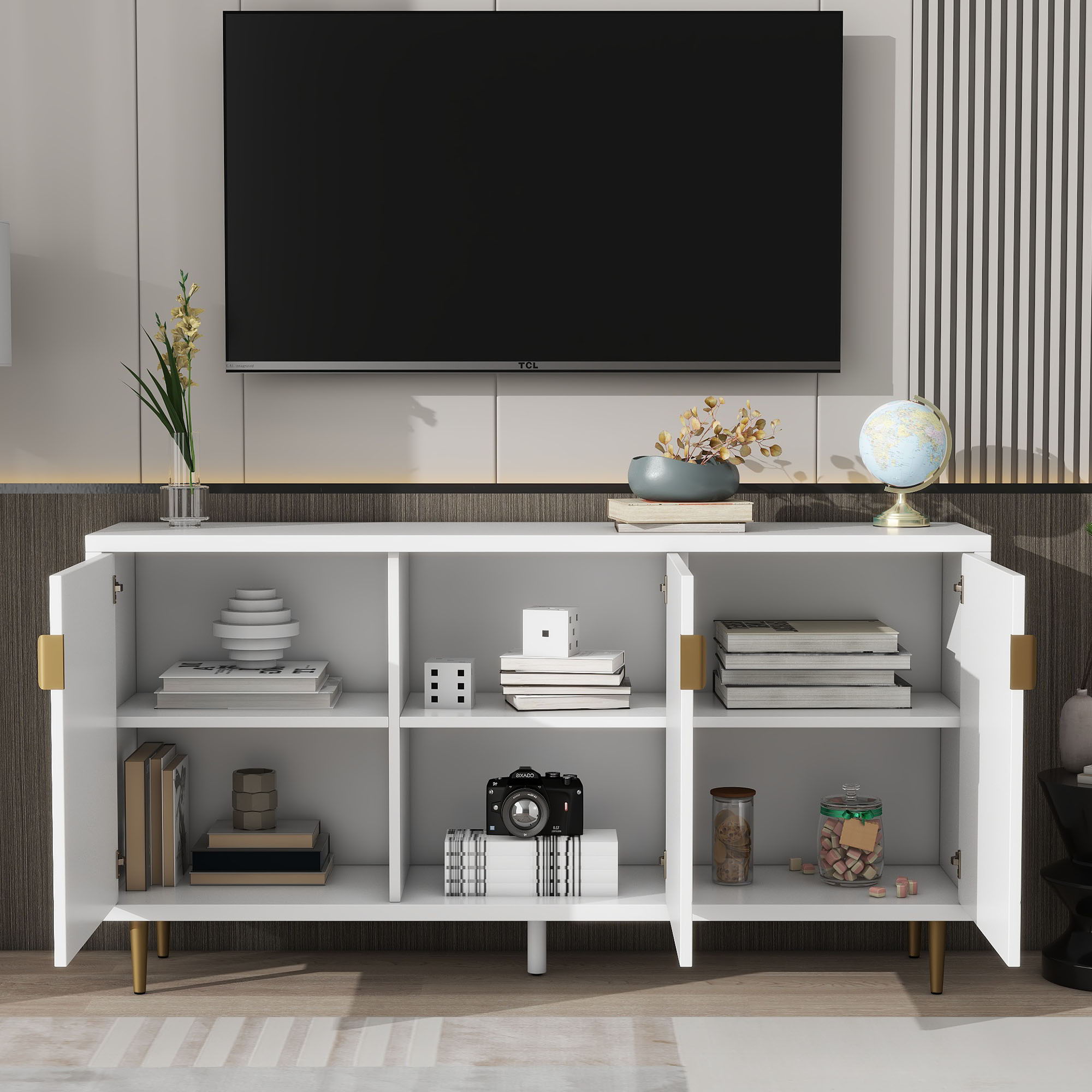 Modern TV Stand With 3 Doors And Adjustable Shelves