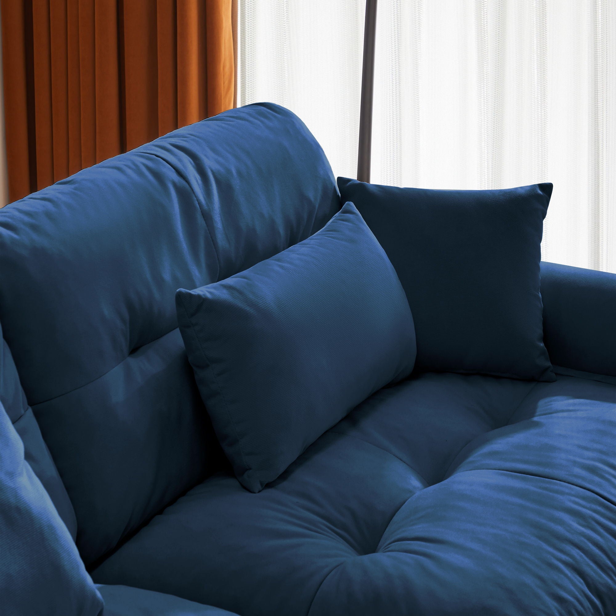 Modern Sectional Sofa With Ottoman, Round Bolster Armrests, Waist And Throw Pillows