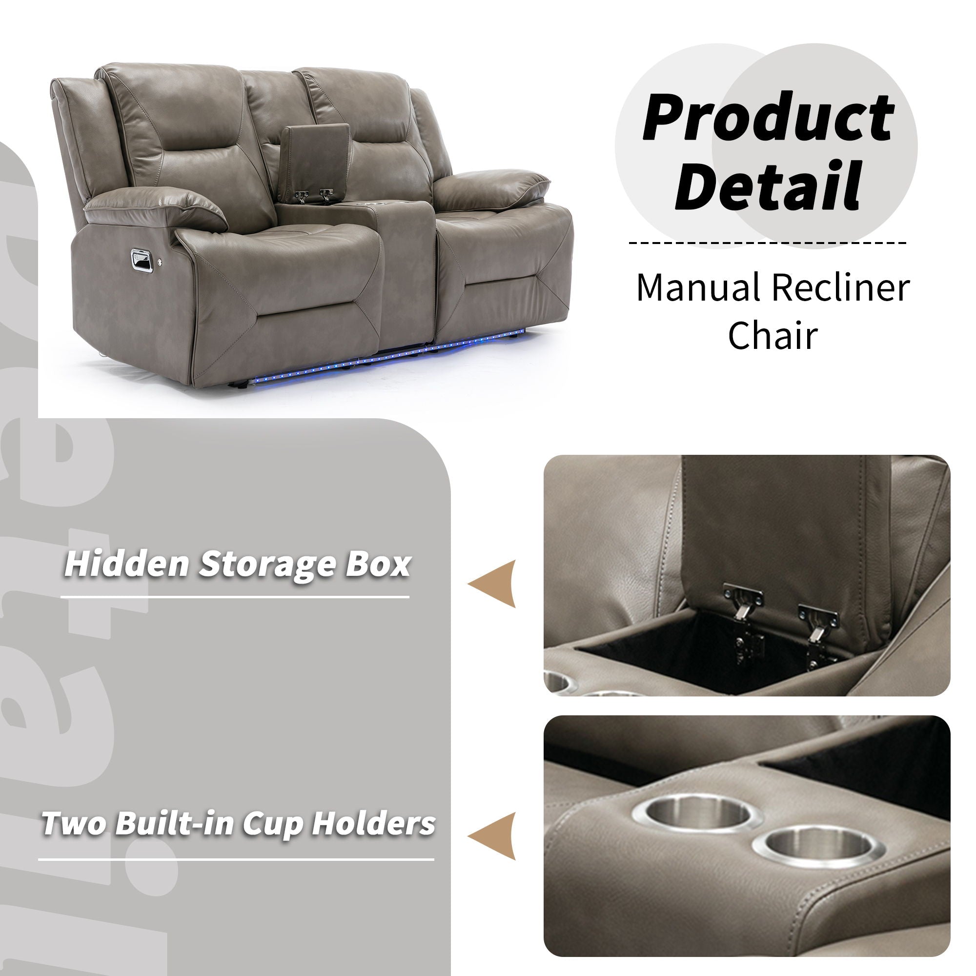 Home Theater Recliner Set Manual Recliner Chair With A LED Light Strip Two Built-In Cup Holders For Living Room