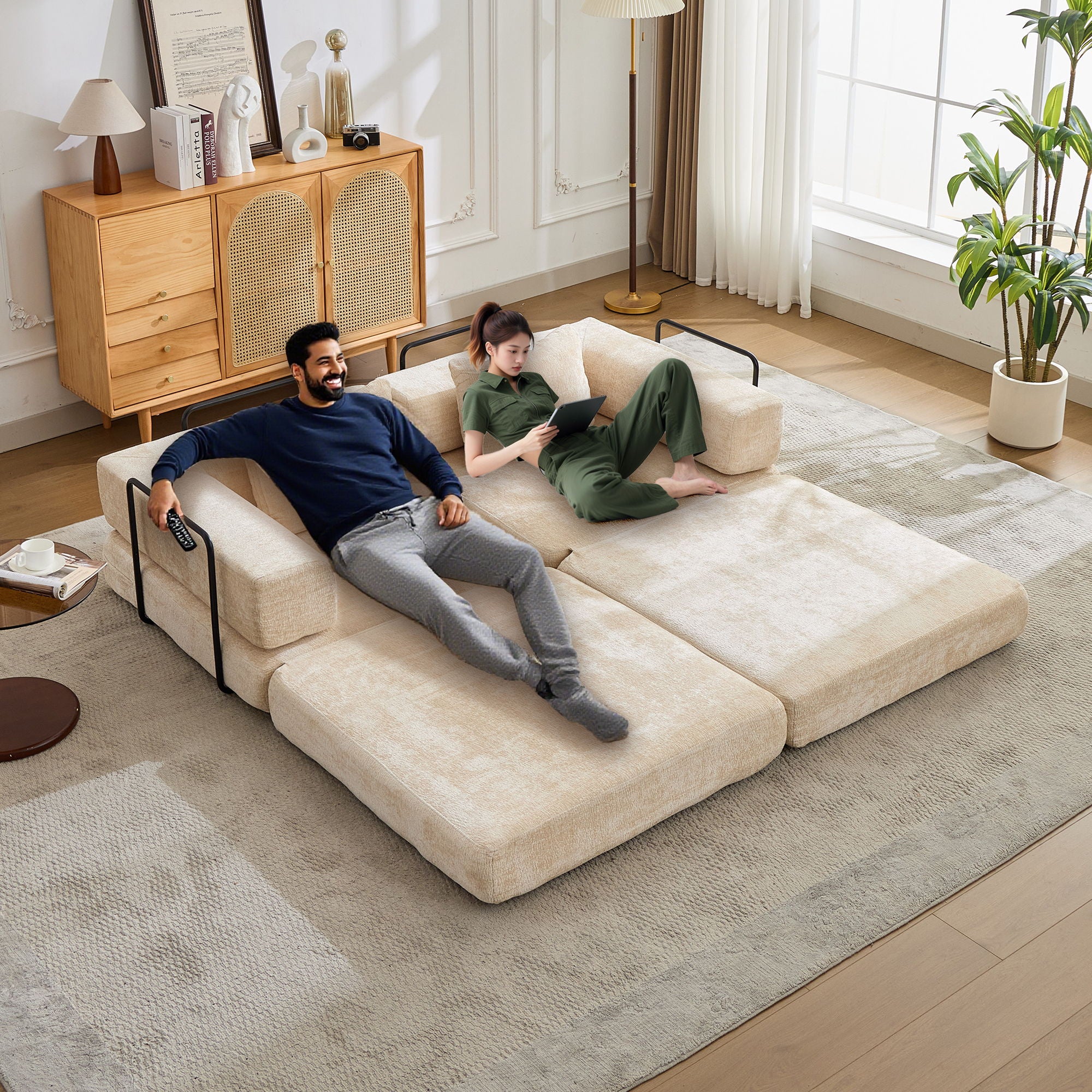 Convertible Floor Sofa Bed With Fixed Shape Frame, Loveseats Boneless Modular Sectional, For Living Room - Beige