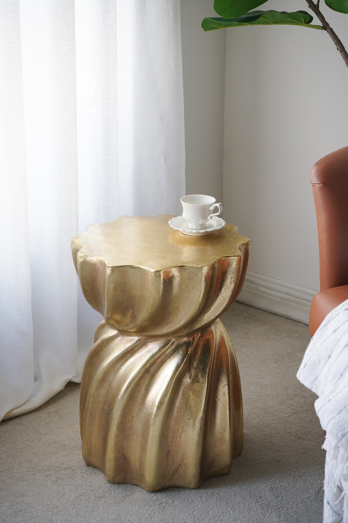 14x14x18.7' Gold Magnesium Accent Stool with Sculptural Swirl Design