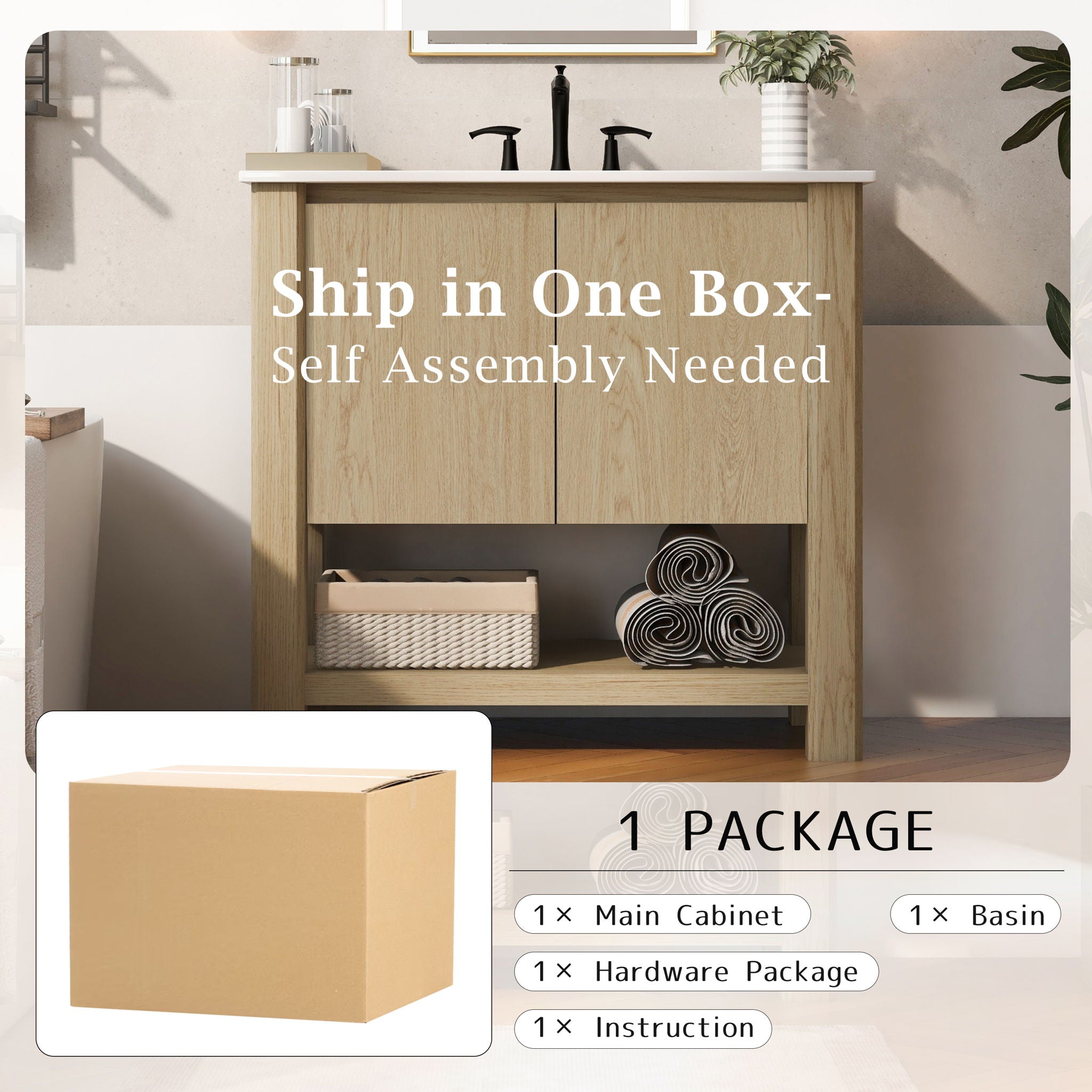 Modern Bathroom Vanity With Rectangle Ceramic Sink, Soft Closing Doors