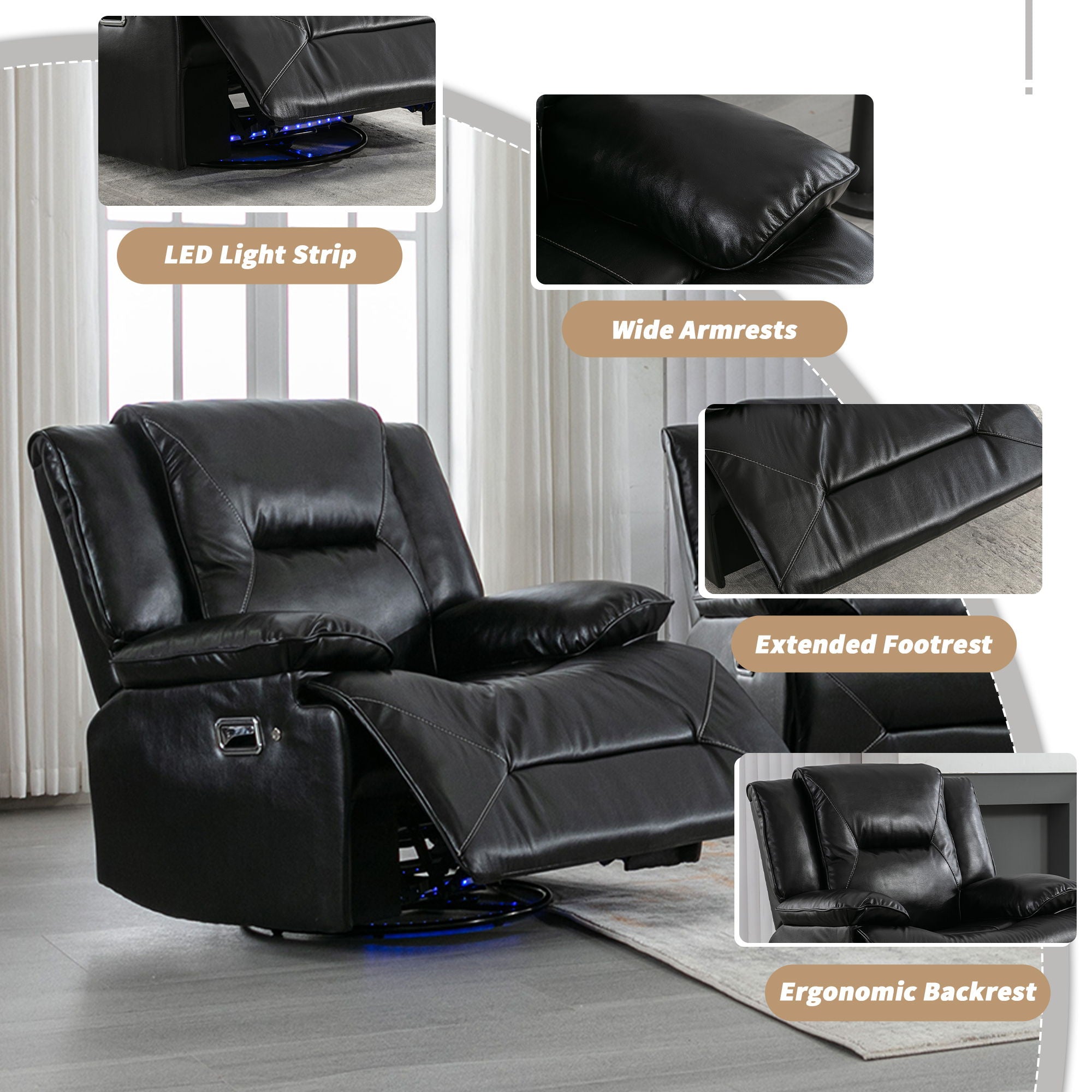 2 Seater Home Theater Recliner Manual Recliner Chair With A LED Light Strip Two Cup Holders And A Storage Box For Living Room