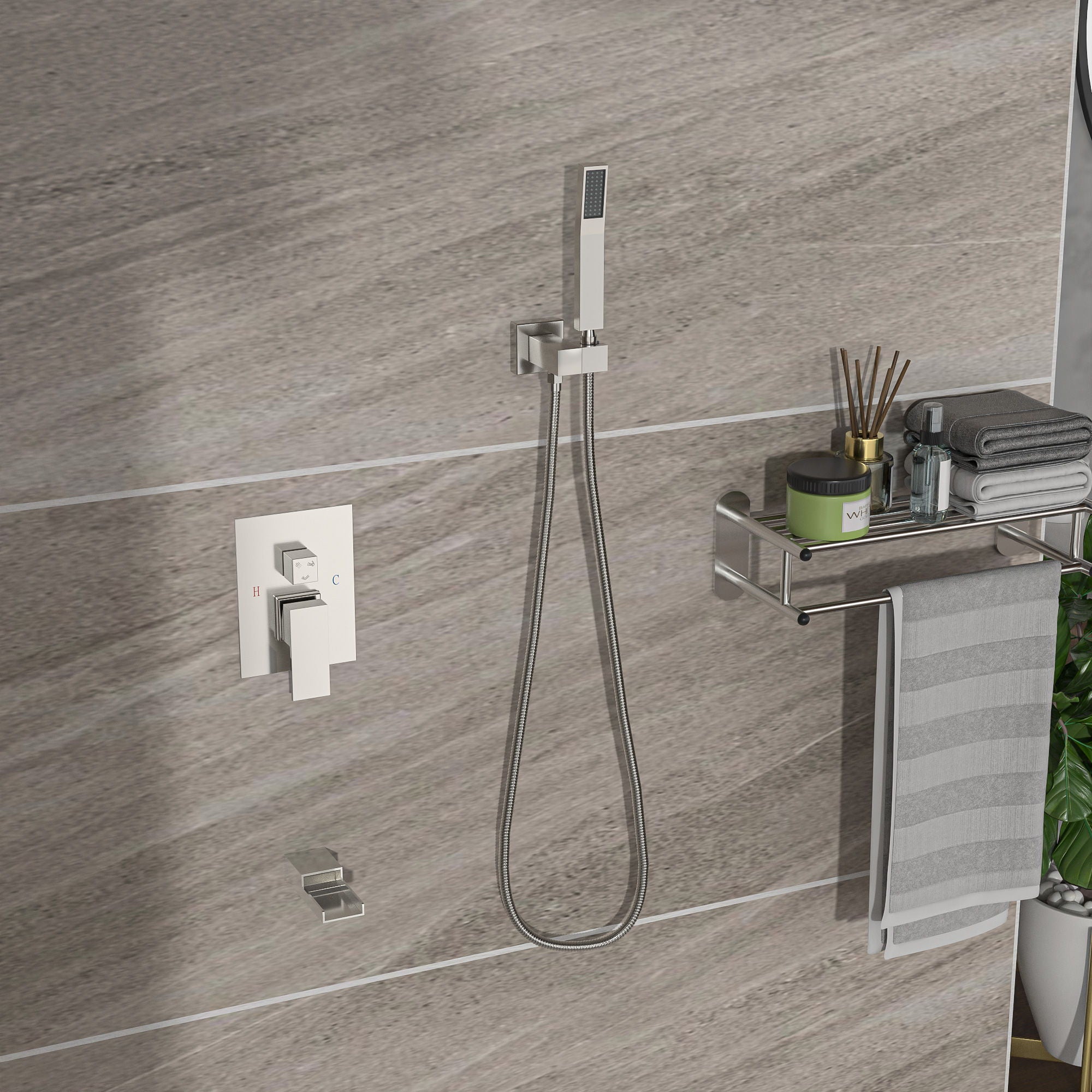 Modern Shower System With Waterfall Tub Spout, 12" Ceiling Mount Square Shower