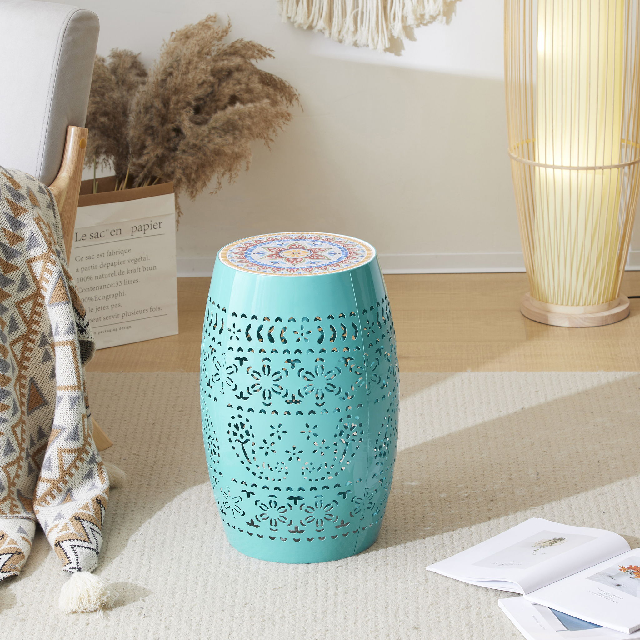 Ruby - Boho Mosaic Side Table With Ceramic Tile Top